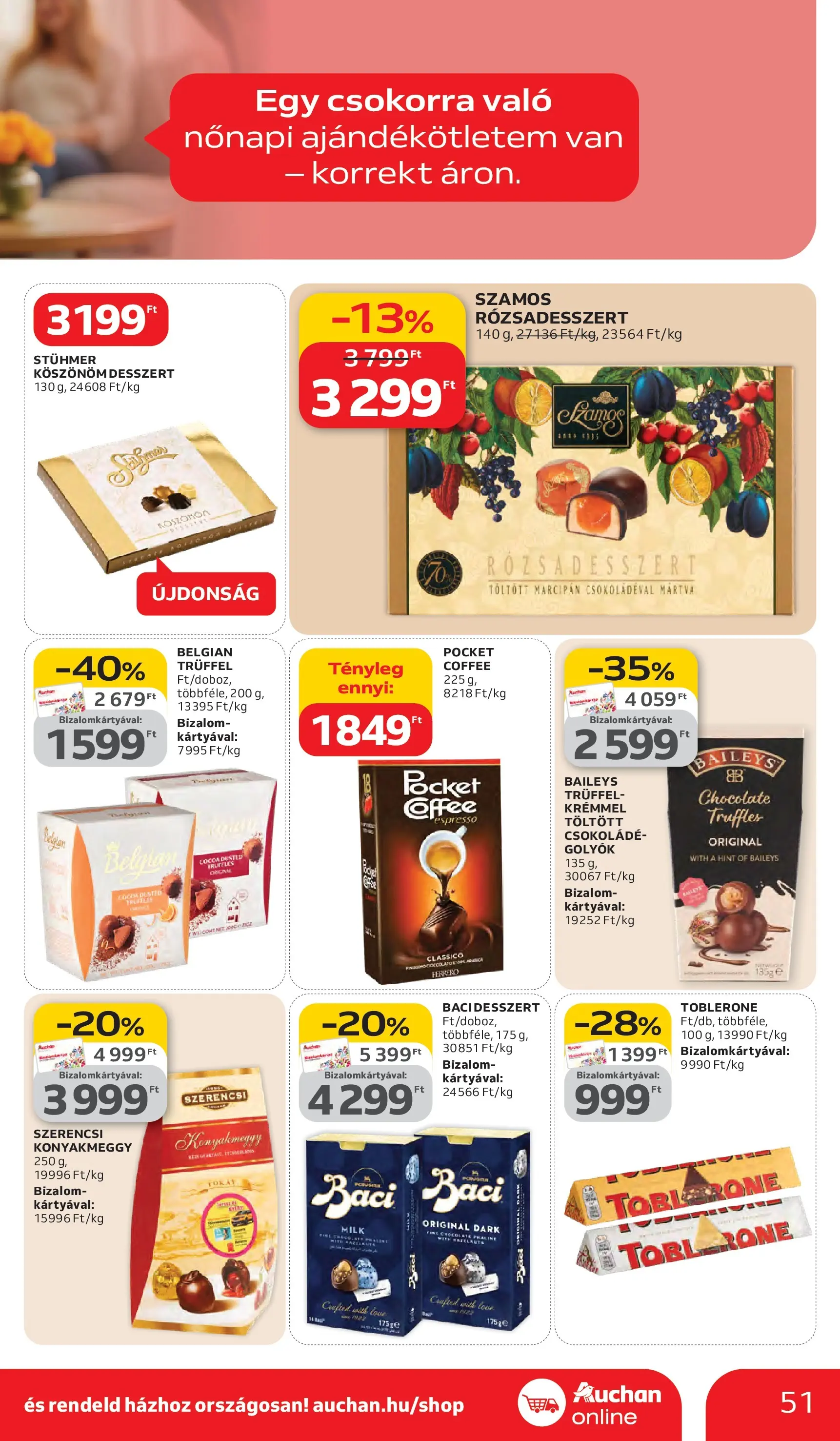 Auchan akciós újság Debrecen - 2026.03.05. -tól/töl > akció, lapozható szórólap 🛍️ | Oldal: 51 | Termékek: Marcipan, Praliné, Csokoládé