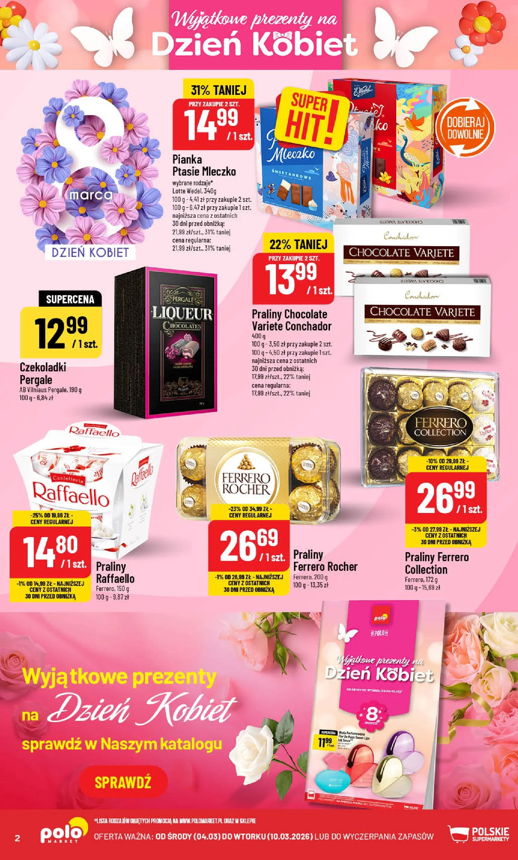 Nowa POLOmarket gazetka od jutra 04.03.2026 (PDF) | Strona: 2 | Produkty: Czekoladki, Praliny, Ptasie mleczko, Ferrero rocher