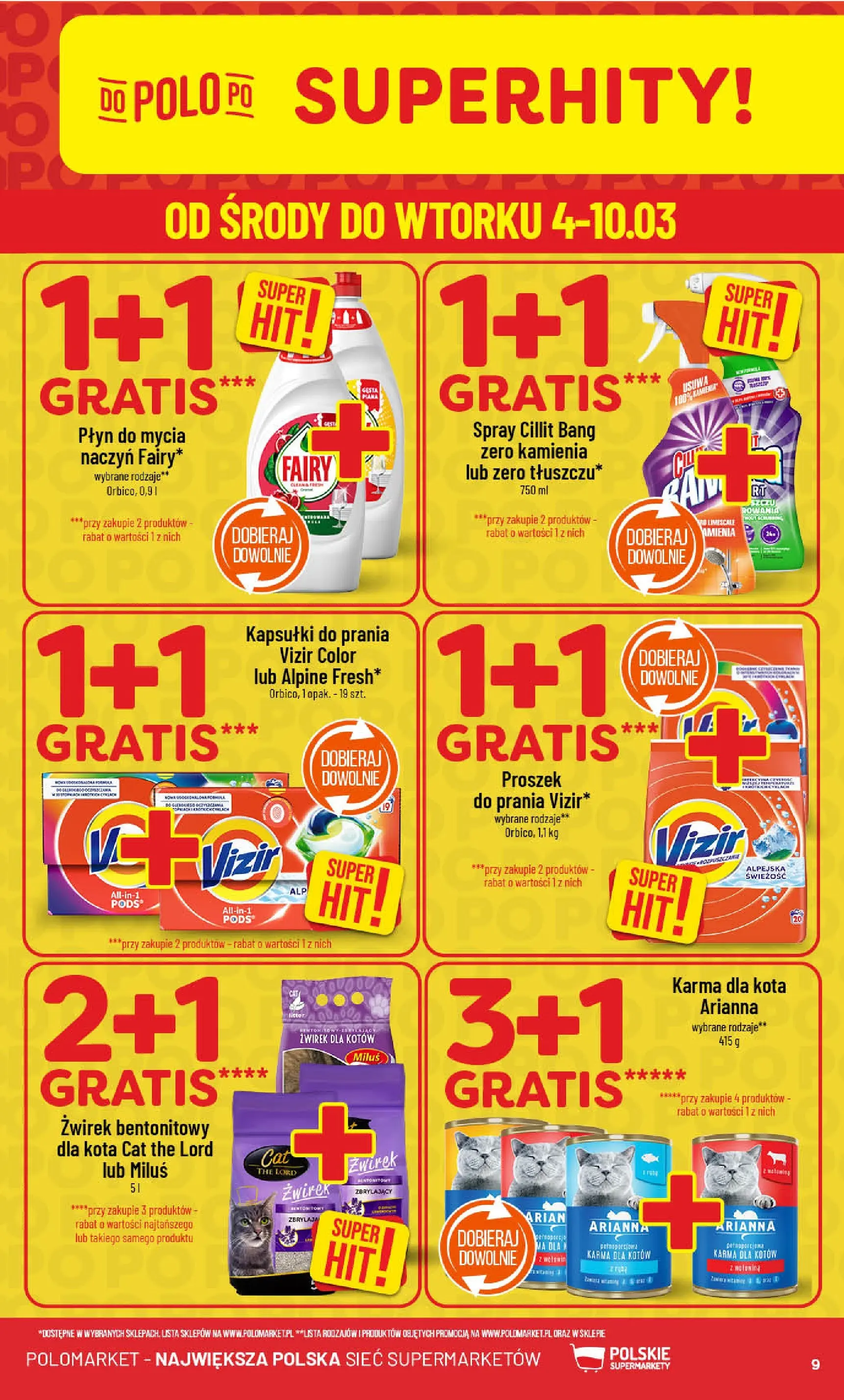 Nowa POLOmarket gazetka od jutra 04.03.2026 (PDF) | Strona: 9 | Produkty: Karma dla kota, Kapsułki do prania, Żwirek bentonitowy, Fairy