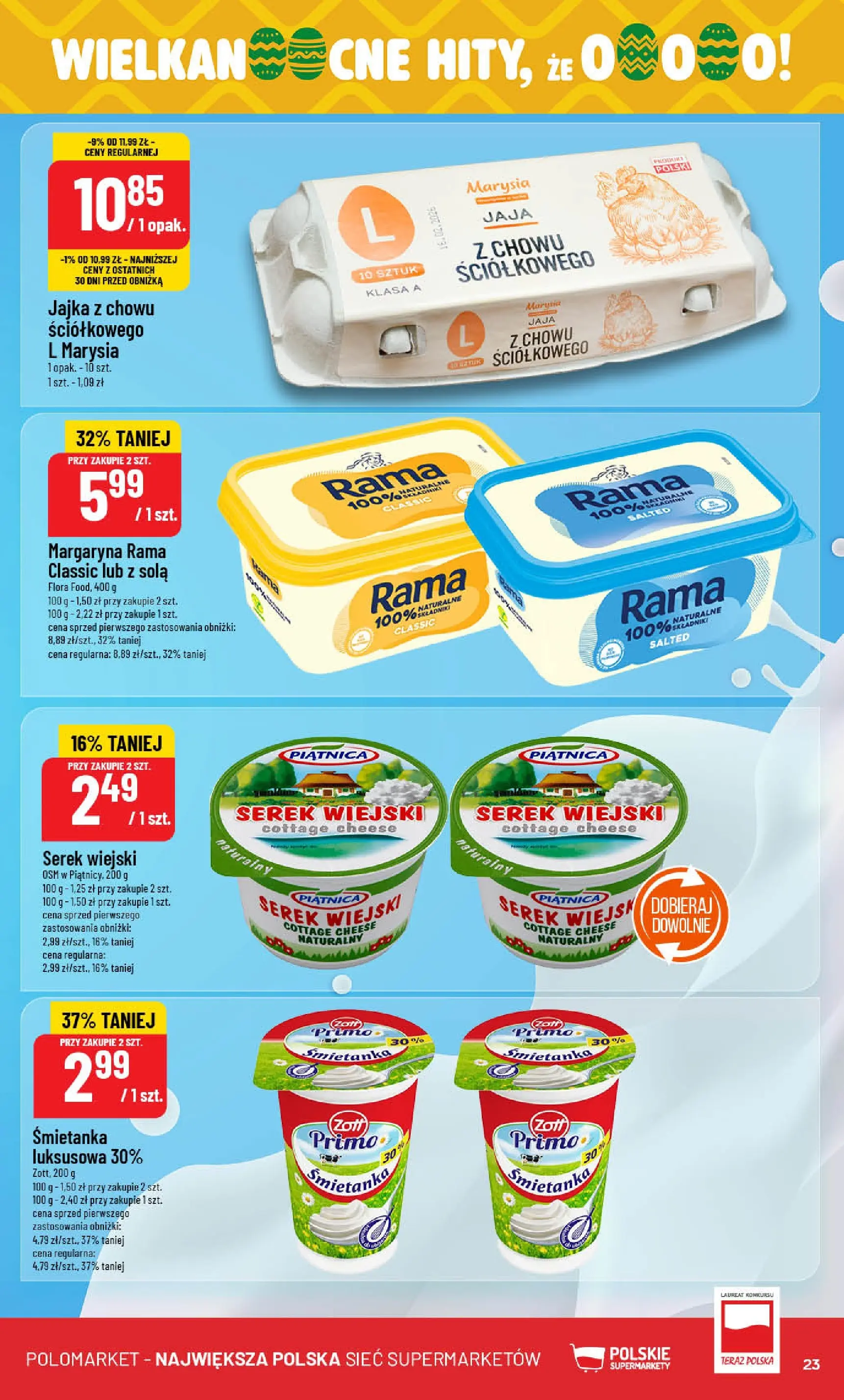 Nowa POLOmarket gazetka od jutra 04.03.2026 (PDF) | Strona: 23 | Produkty: Serek, Serek wiejski, Margaryna, Jajka