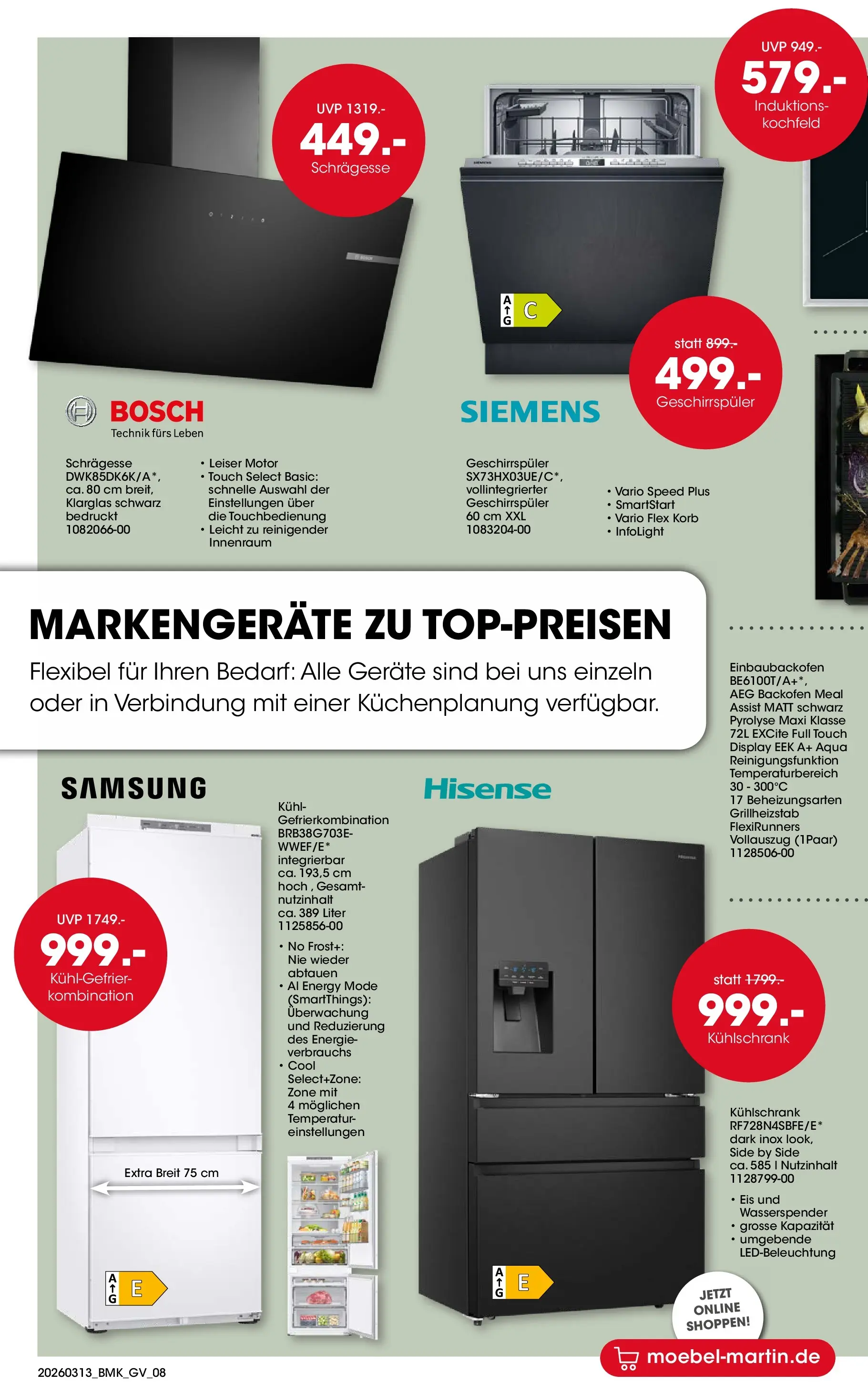 Möbel Martin März Highlights (ab 13.03.2026) zum Blättern | Seite: 8 | Produkte: Siemens, AEG, Kühlschrank, Kochfeld