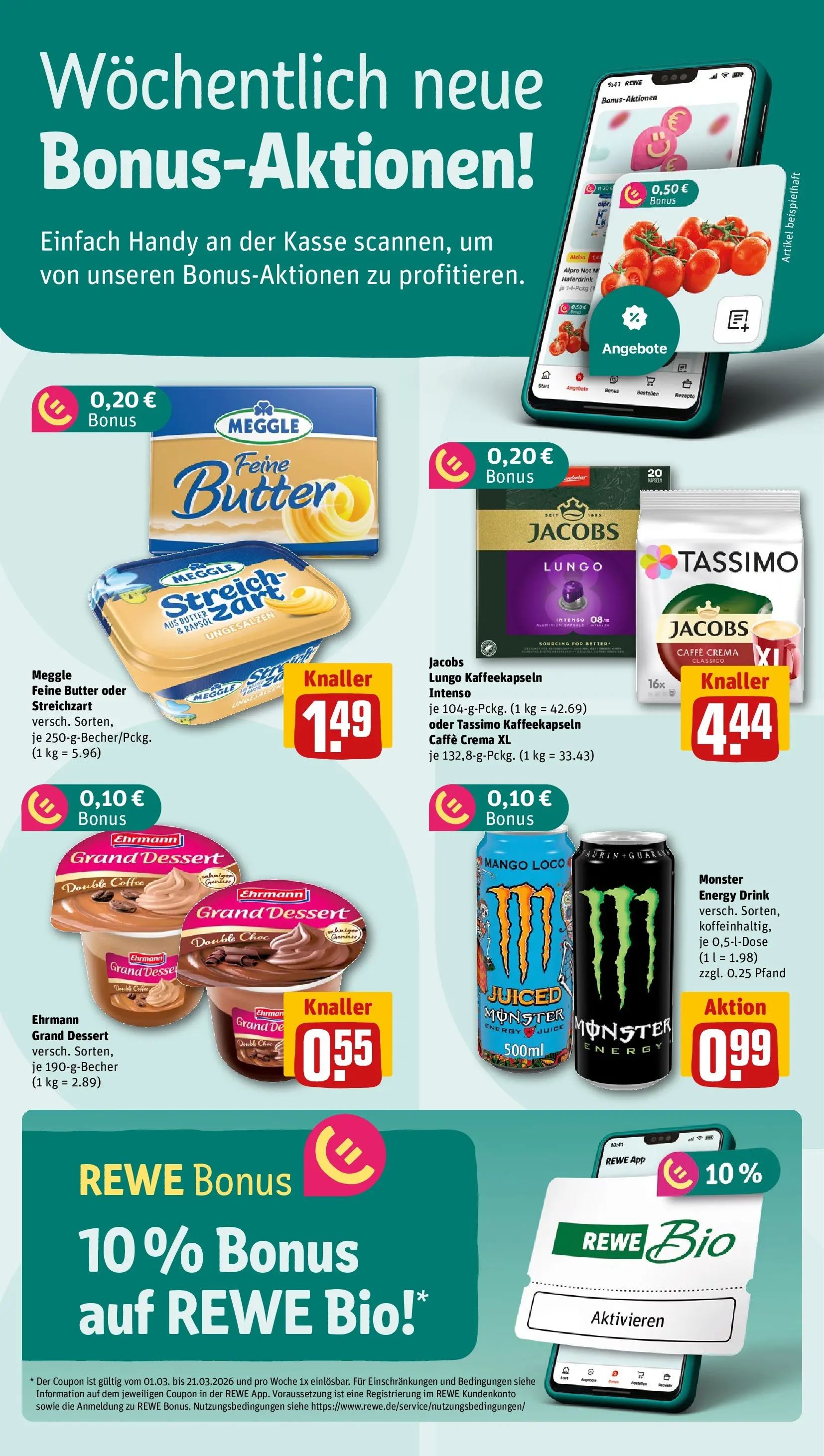 REWE Prospekt ab 09.03.2026 zum Blättern » Angebote | Seite: 2 | Produkte: Ehrmann grand dessert, Monster, Alpro, Tassimo