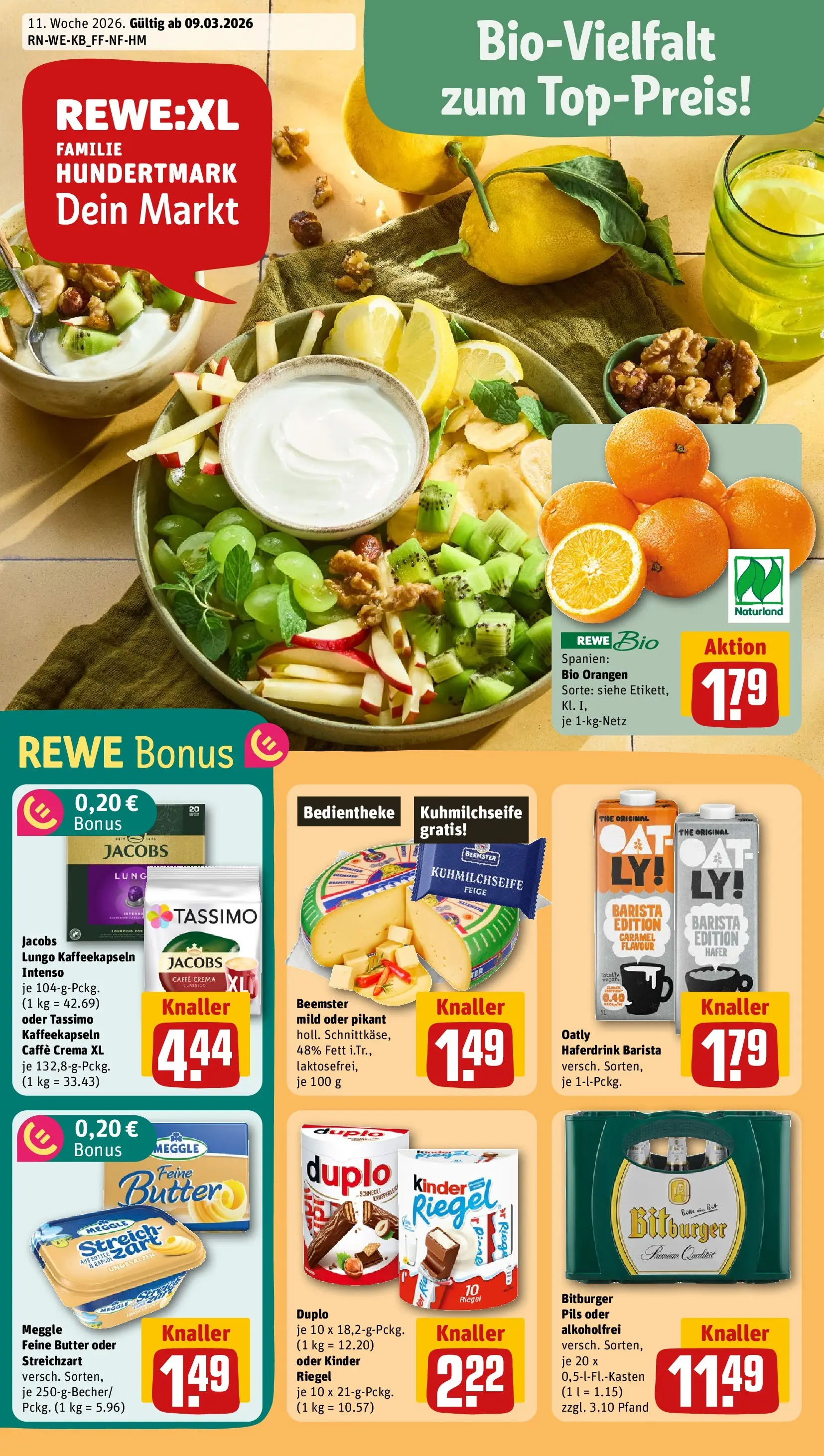 REWE Prospekt ab 09.03.2026 zum Blättern » Angebote | Seite: 1 | Produkte: Butter, Rapsöl, Oatly, Tassimo