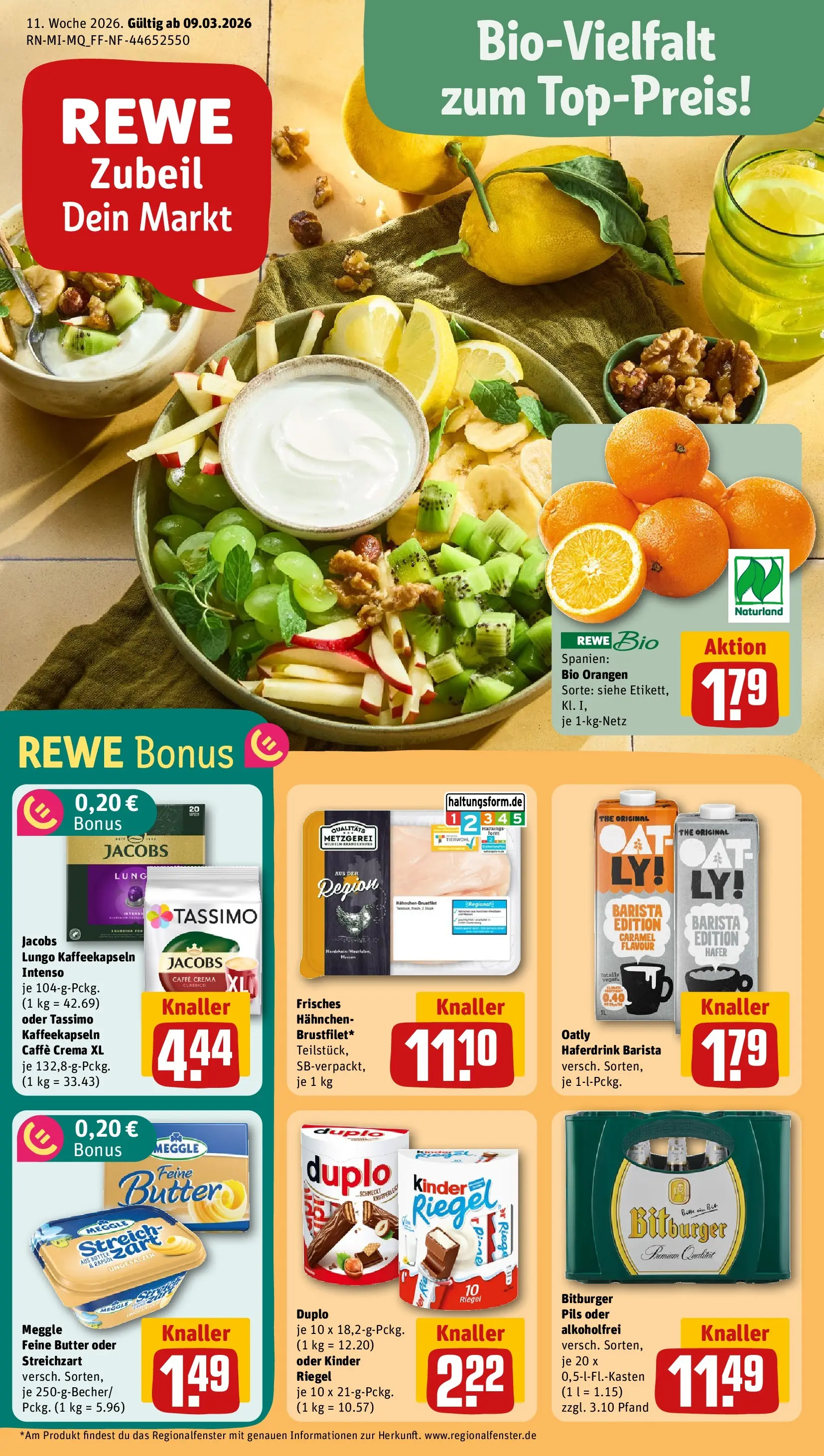 REWE Prospekt ab 09.03.2026 zum Blättern » Angebote | Seite: 1 | Produkte: Bitburger, Orangen, Haferdrink, Tassimo