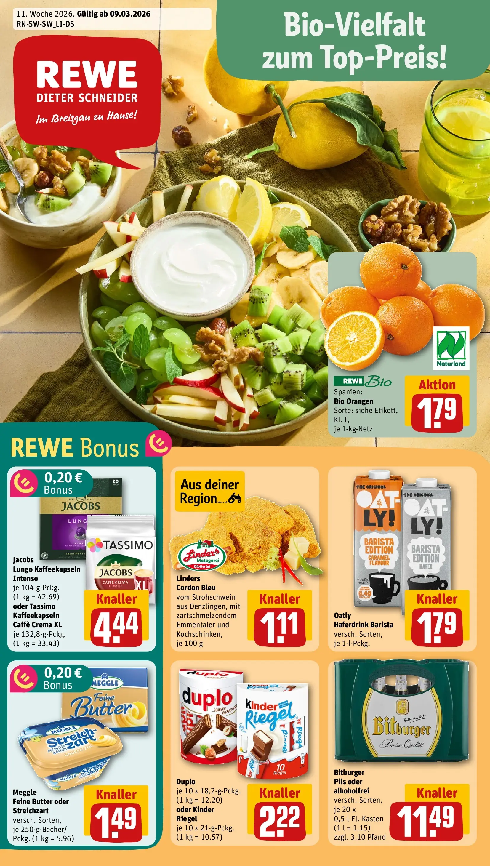REWE Prospekt ab 09.03.2026 zum Blättern » Angebote | Seite: 1 | Produkte: Pils, Kinder riegel, Haferdrink, Tassimo