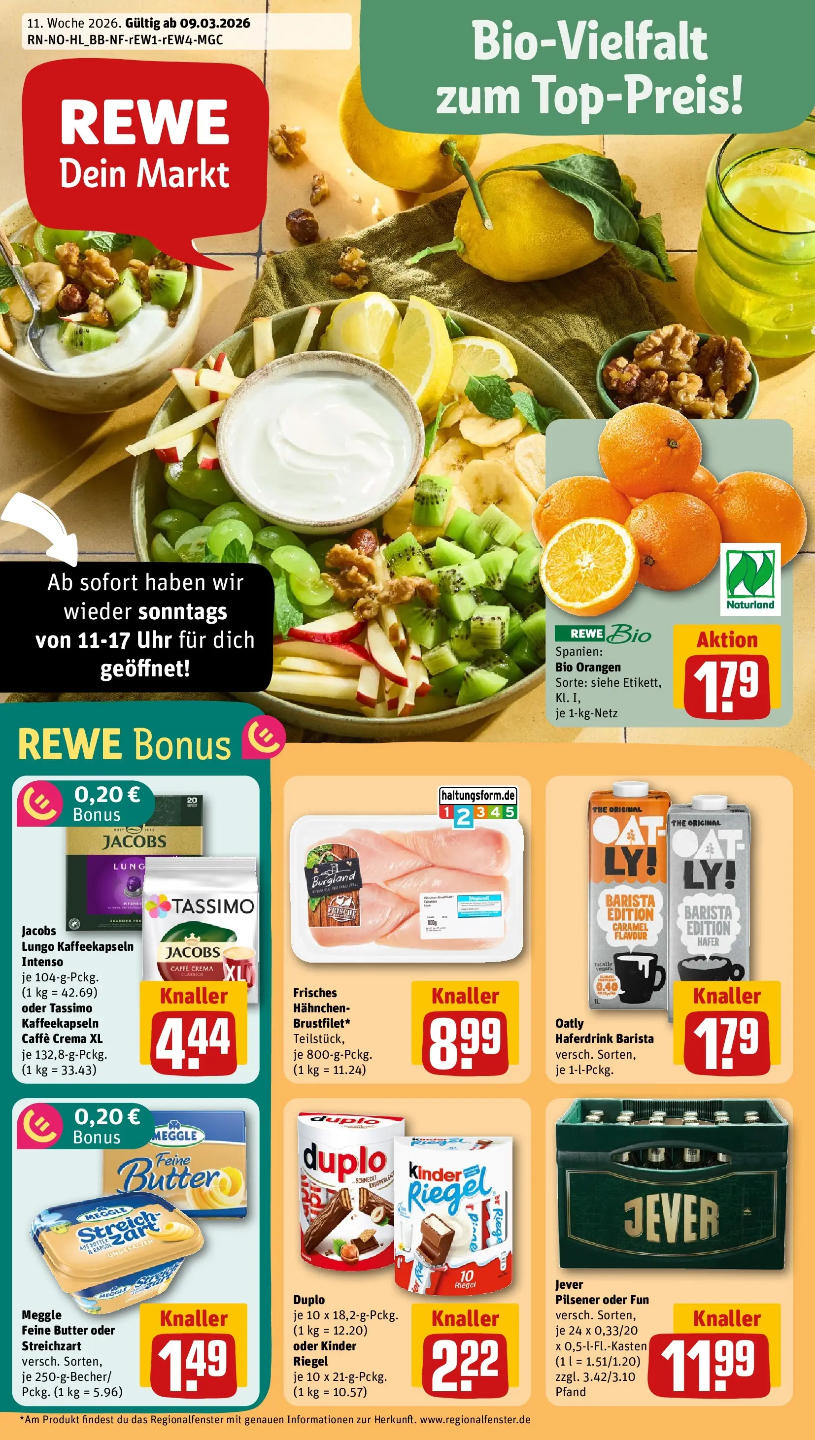 REWE Prospekt ab 09.03.2026 zum Blättern » Angebote | Seite: 1 | Produkte: Butter, Kinder riegel, Oatly, Jever
