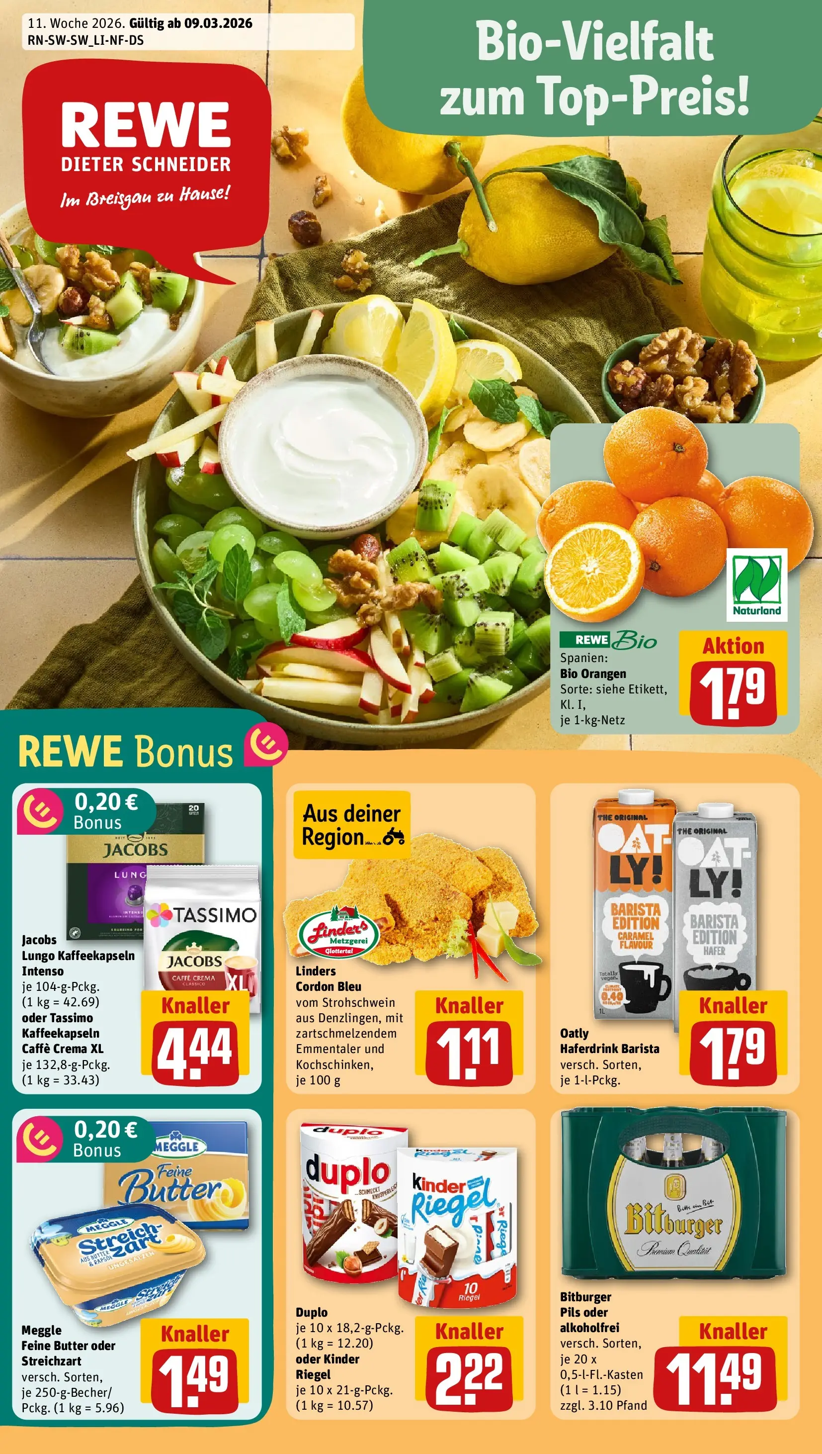 REWE Prospekt ab 09.03.2026 zum Blättern » Angebote | Seite: 1 | Produkte: Butter, Kinder riegel, Haferdrink, Oatly