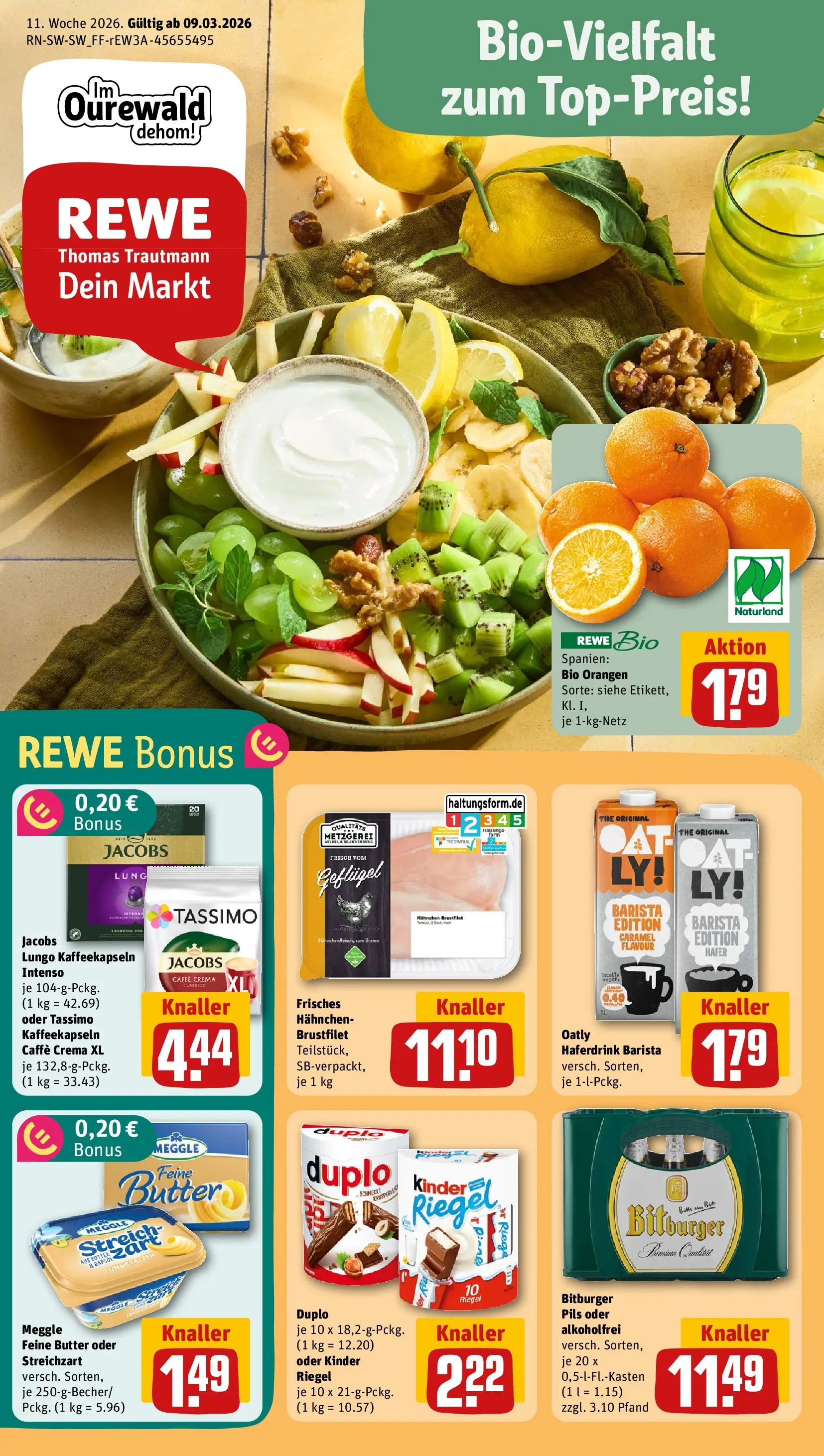 REWE Prospekt ab 09.03.2026 zum Blättern » Angebote | Seite: 1 | Produkte: Butter, Rapsöl, Orangen, Kinder riegel