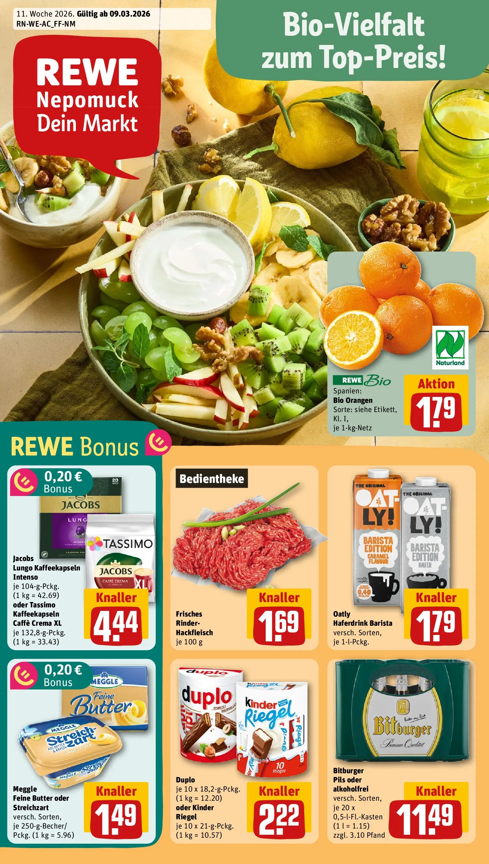 REWE Prospekt ab 09.03.2026 zum Blättern » Angebote | Seite: 1 | Produkte: Bitburger, Pils, Kinder riegel, Hackfleisch