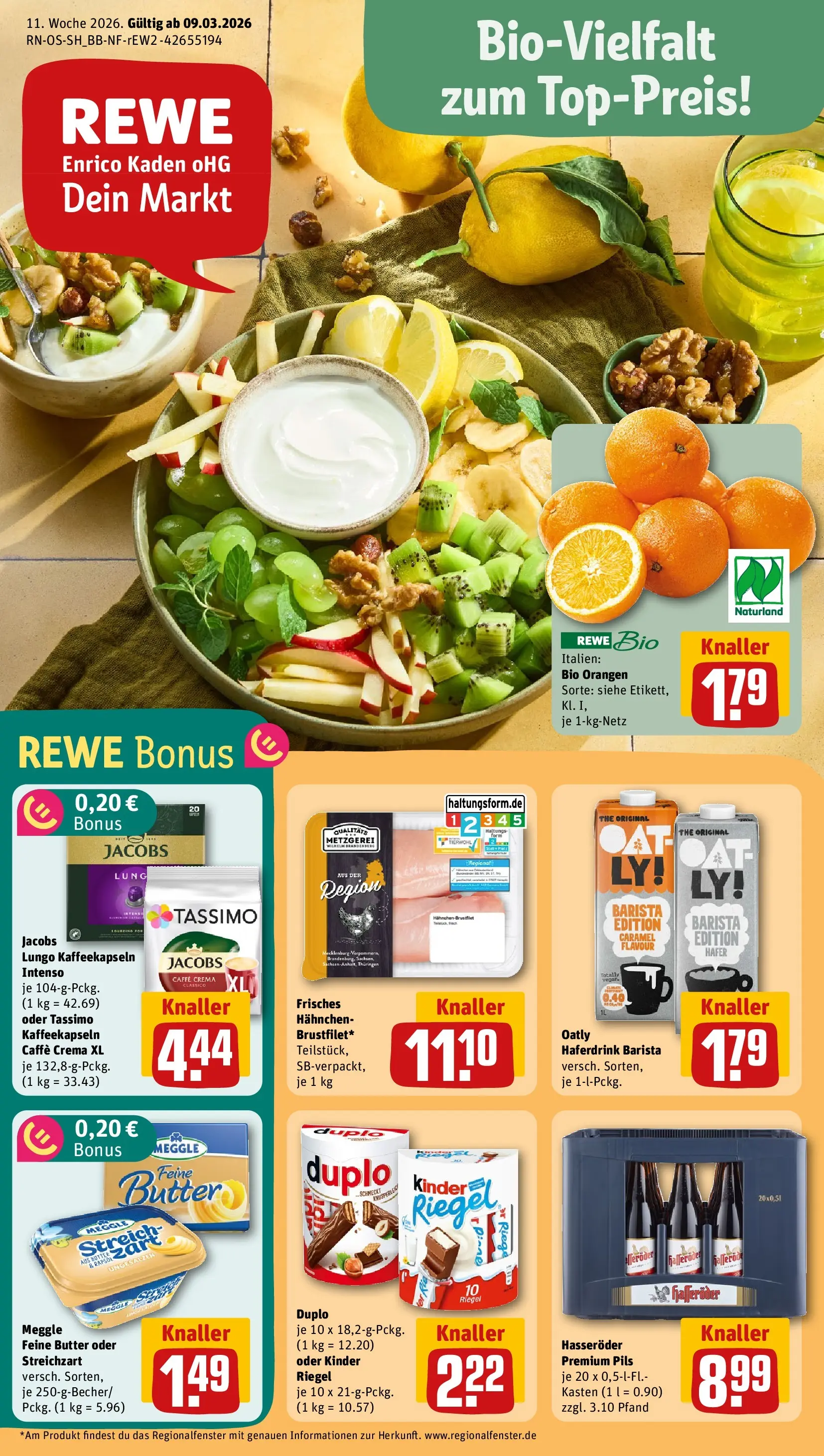 REWE Prospekt ab 09.03.2026 zum Blättern » Angebote | Seite: 1 | Produkte: Butter, Kinder riegel, Oatly, Hasseröder