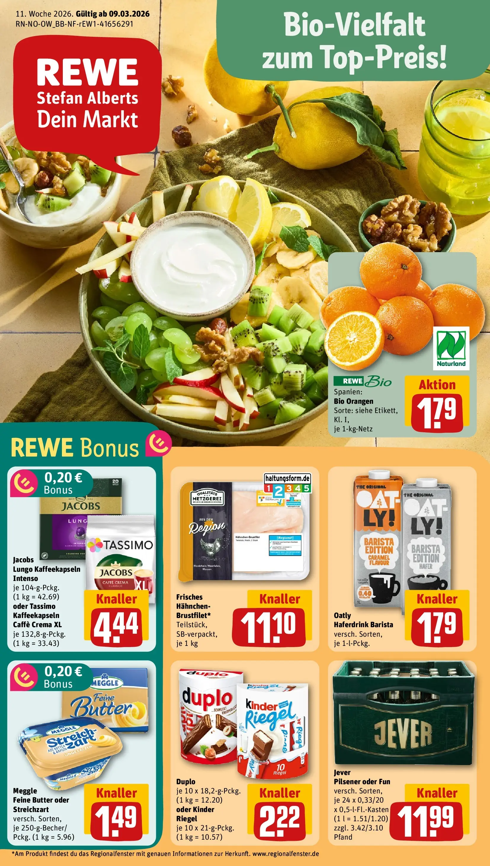 REWE Prospekt ab 09.03.2026 zum Blättern » Angebote | Seite: 1 | Produkte: Butter, Oatly, Jever, Duplo riegel