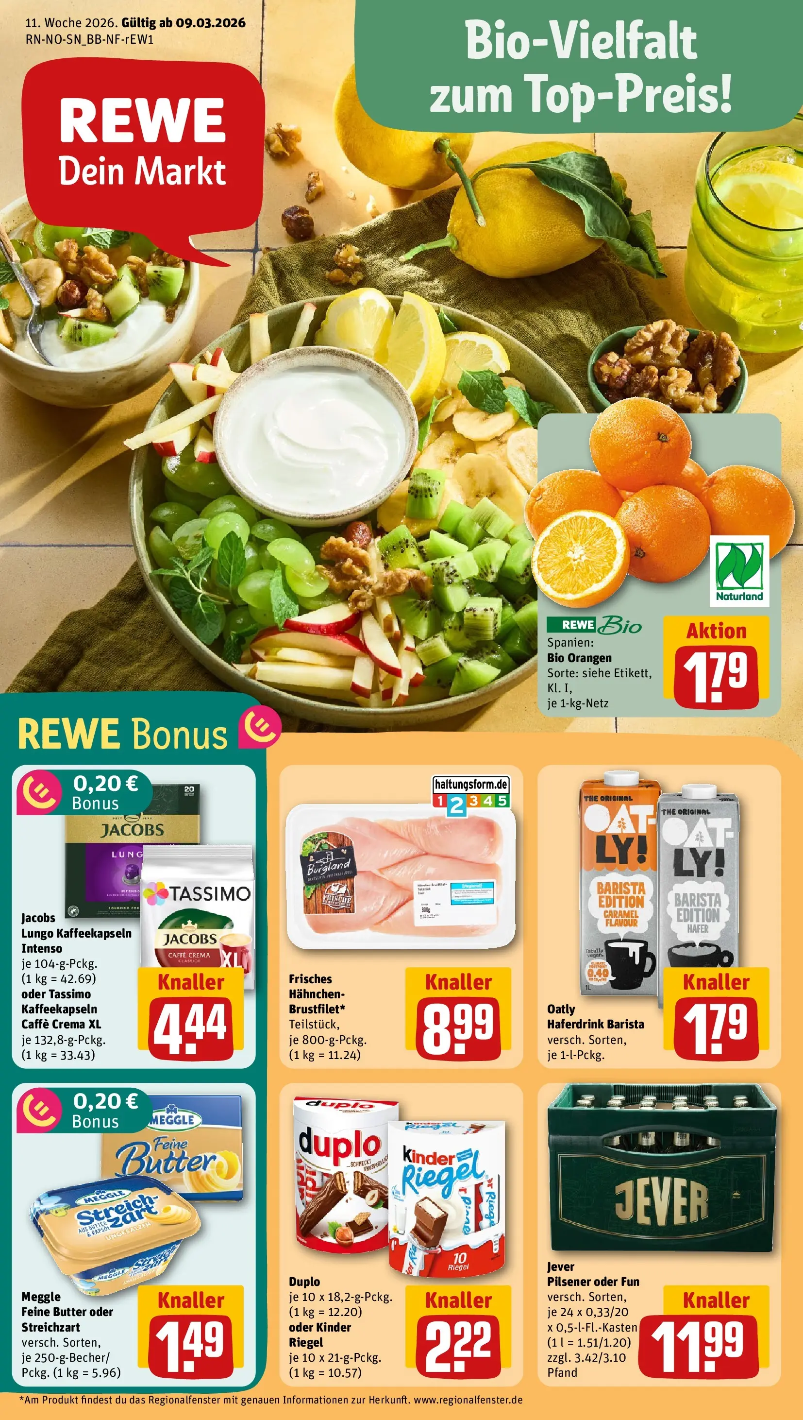 REWE Prospekt ab 09.03.2026 zum Blättern » Angebote | Seite: 1 | Produkte: Butter, Orangen, Haferdrink, Oatly