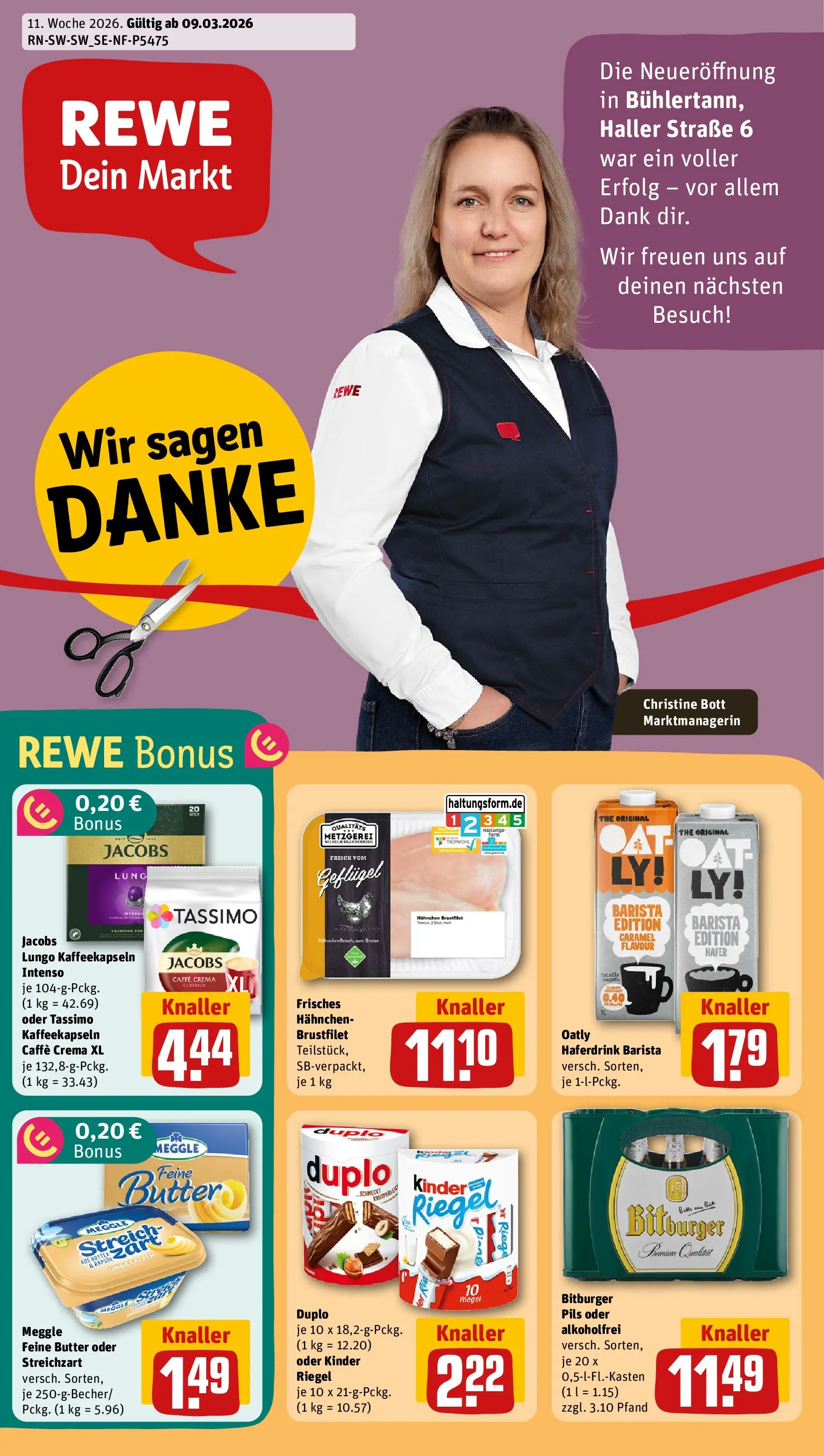 REWE Prospekt ab 09.03.2026 zum Blättern » Angebote | Seite: 1 | Produkte: Hahnchen, Butter, Kinder riegel, Haferdrink