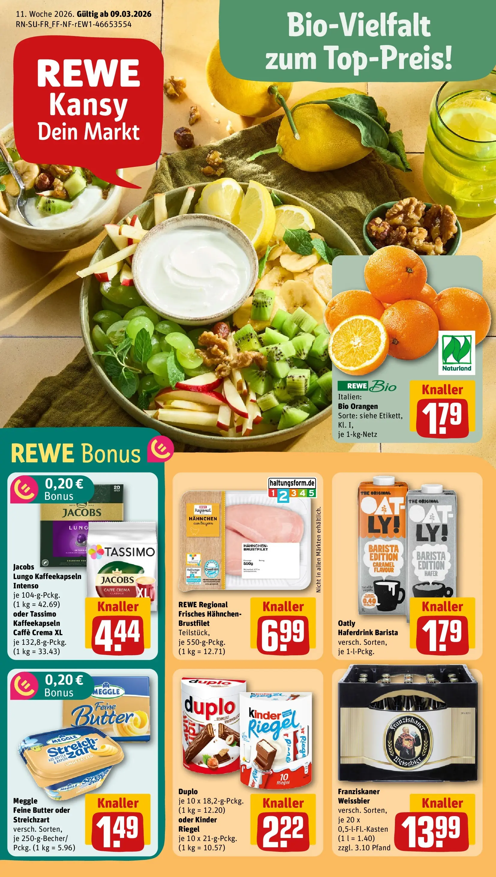 REWE Prospekt ab 09.03.2026 zum Blättern » Angebote | Seite: 1 | Produkte: Hahnchen, Rapsöl, Weißbier, Oatly