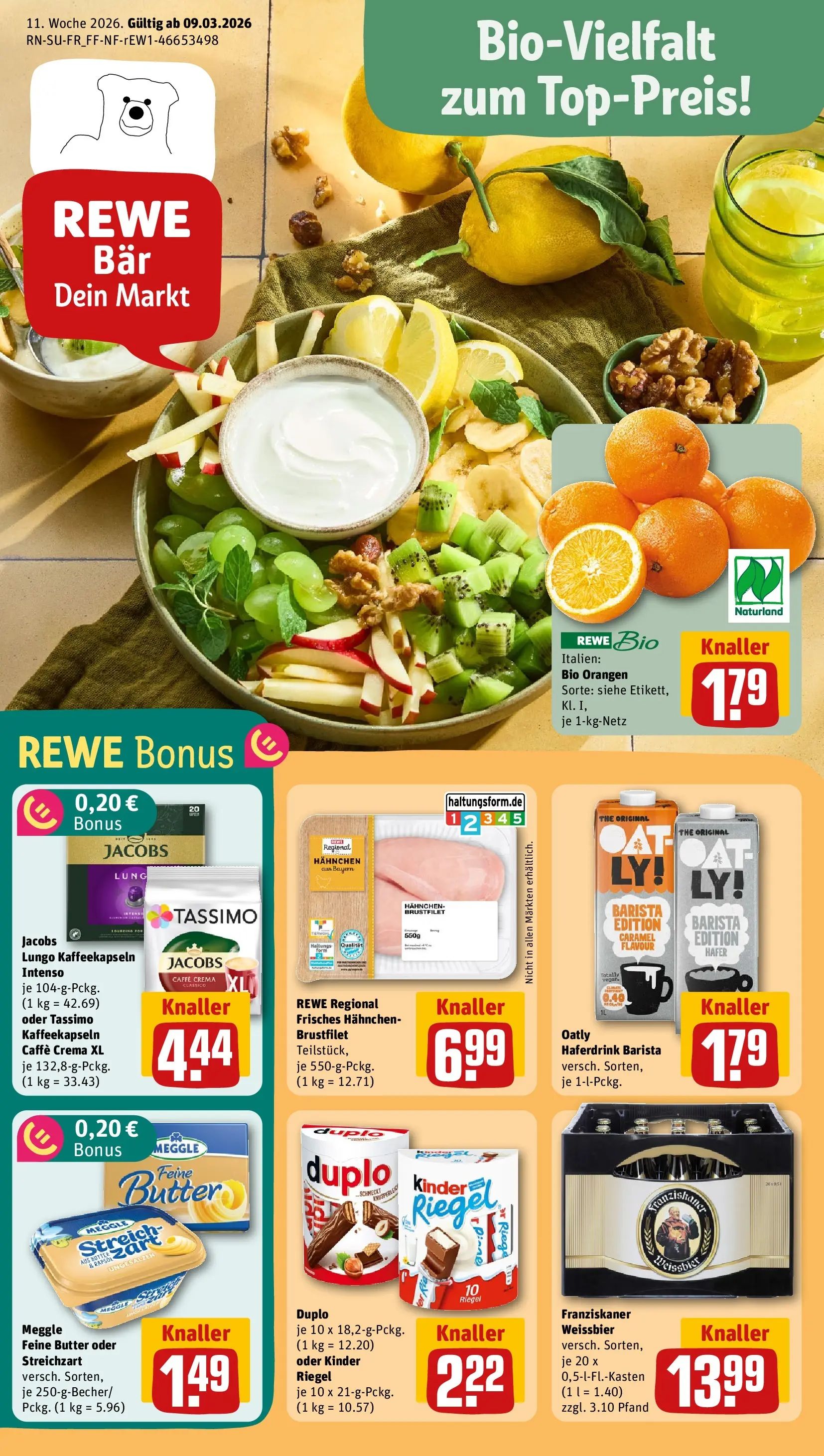 REWE Prospekt ab 09.03.2026 zum Blättern » Angebote | Seite: 1 | Produkte: Franziskaner, Kinder riegel, Oatly, Tassimo