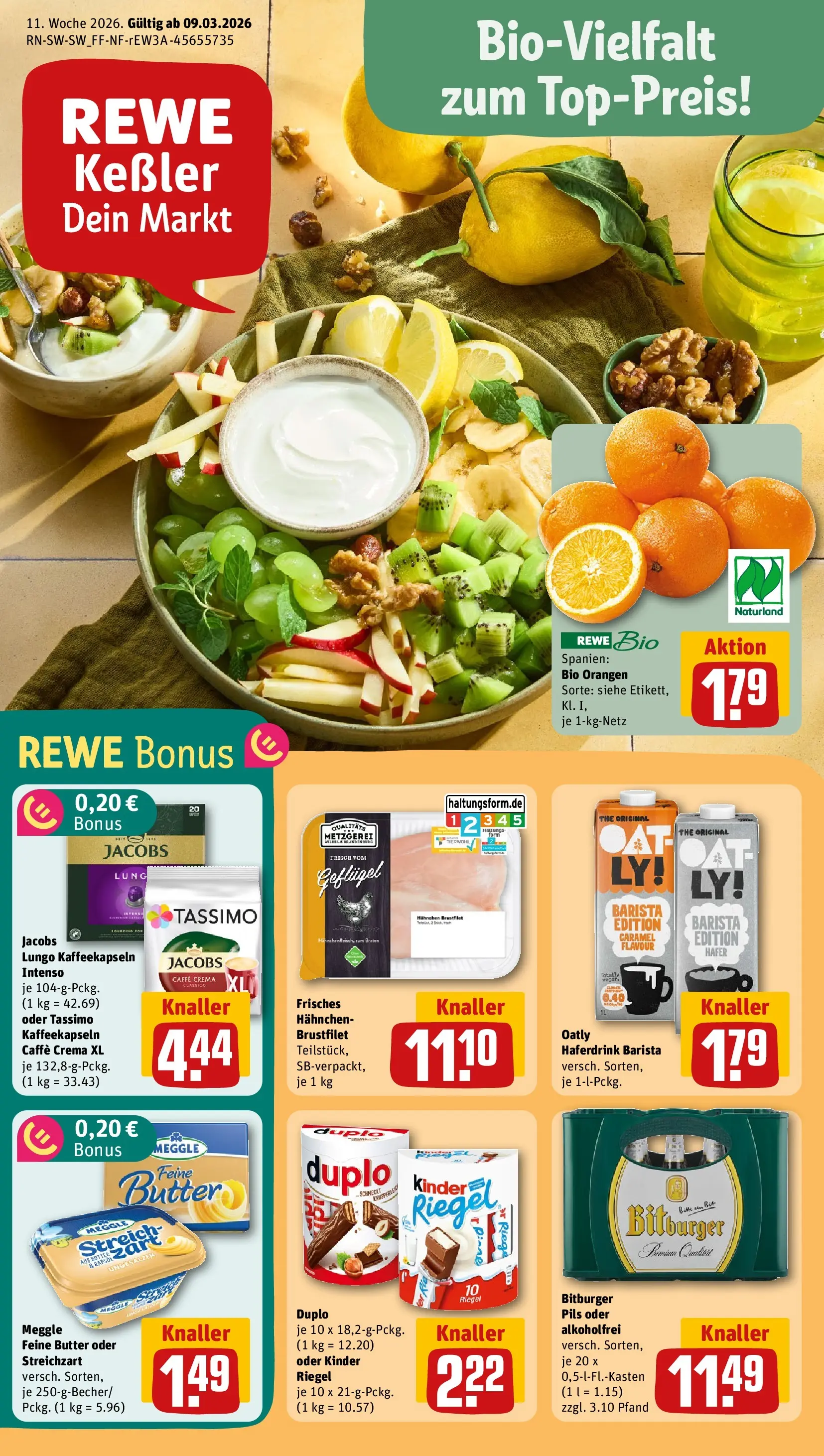 REWE Prospekt ab 09.03.2026 zum Blättern » Angebote | Seite: 1 | Produkte: Pils, Kinder riegel, Haferdrink, Oatly
