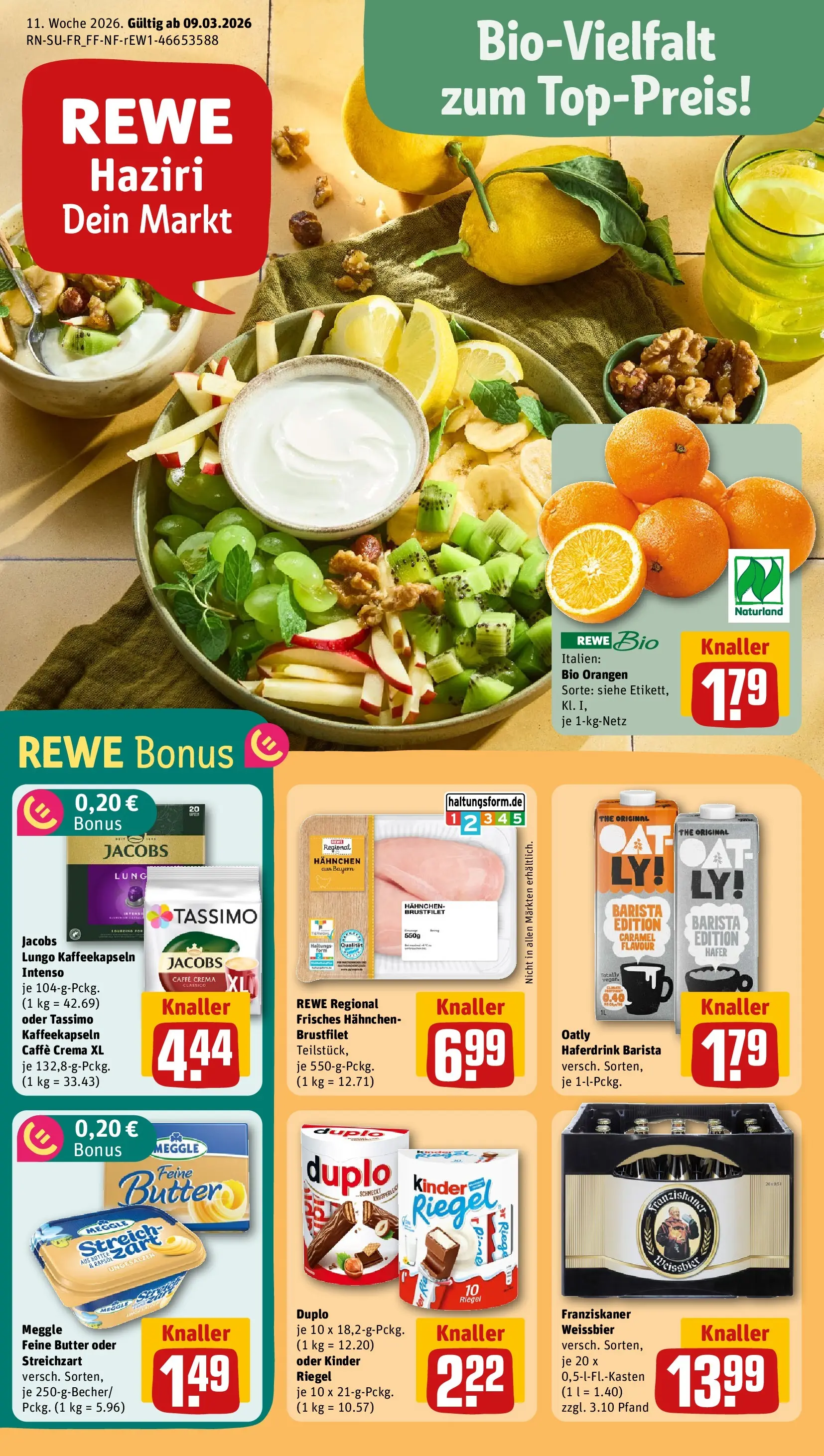 REWE Prospekt ab 09.03.2026 zum Blättern » Angebote | Seite: 1 | Produkte: Franziskaner, Hahnchen, Oatly, Tassimo