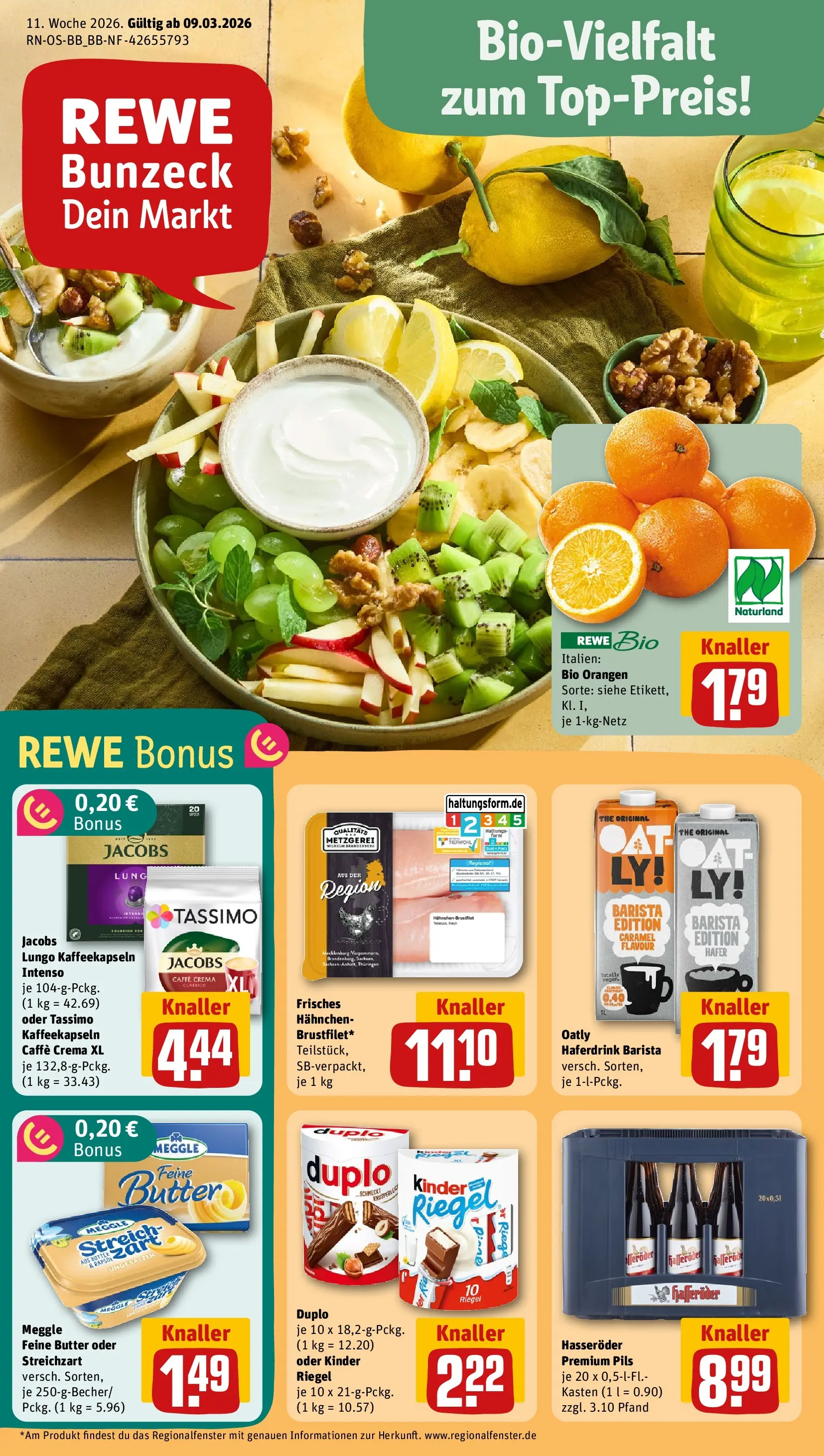 REWE Prospekt ab 09.03.2026 zum Blättern » Angebote | Seite: 1 | Produkte: Pils, Orangen, Oatly, Duplo riegel