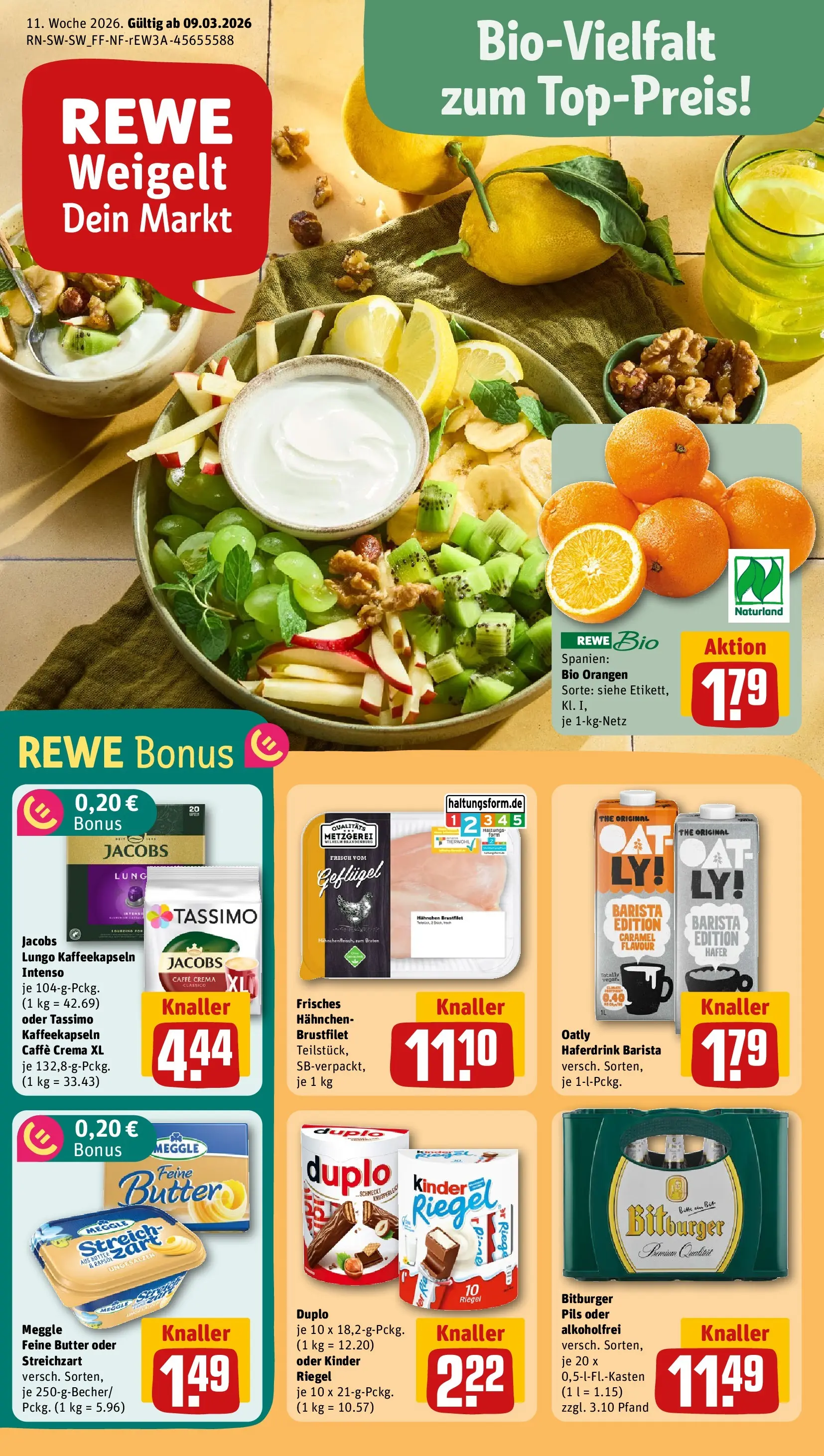 REWE Prospekt ab 09.03.2026 zum Blättern » Angebote | Seite: 1 | Produkte: Bitburger, Hahnchen, Pils, Tassimo