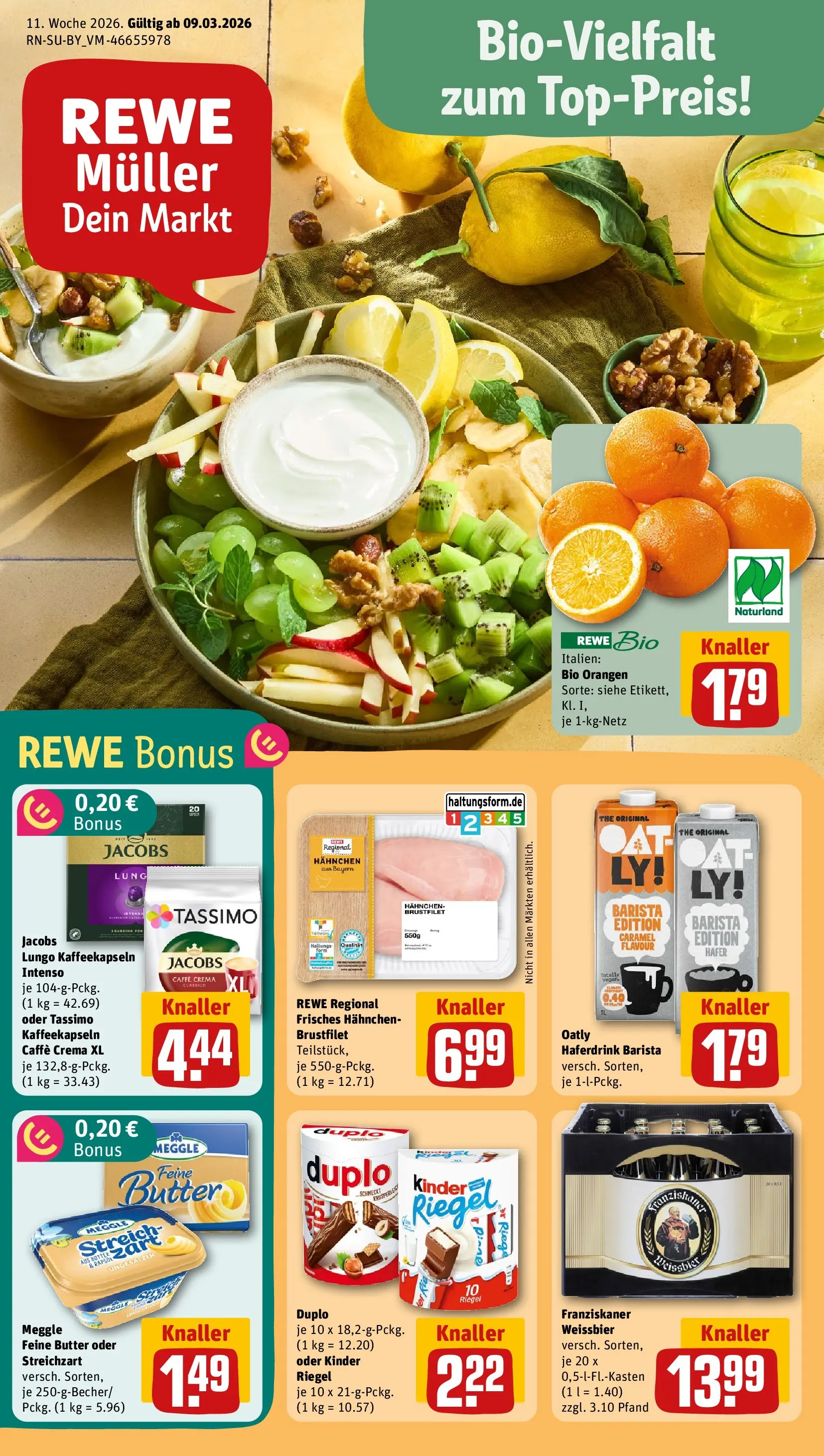 REWE Prospekt ab 09.03.2026 zum Blättern » Angebote | Seite: 1 | Produkte: Butter, Weißbier, Orangen, Haferdrink