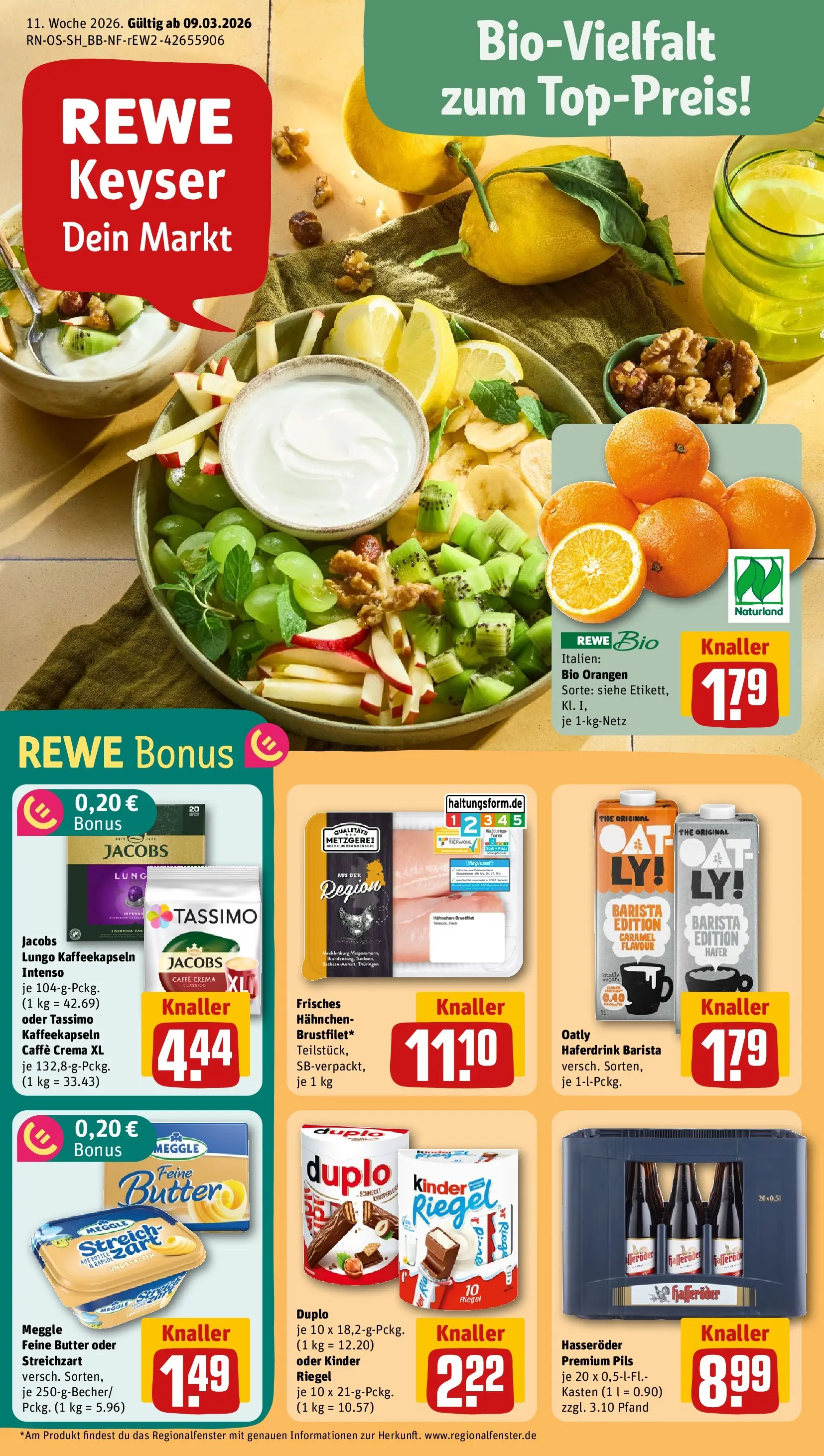 REWE Prospekt ab 09.03.2026 zum Blättern » Angebote | Seite: 1 | Produkte: Butter, Orangen, Hasseröder, Tassimo