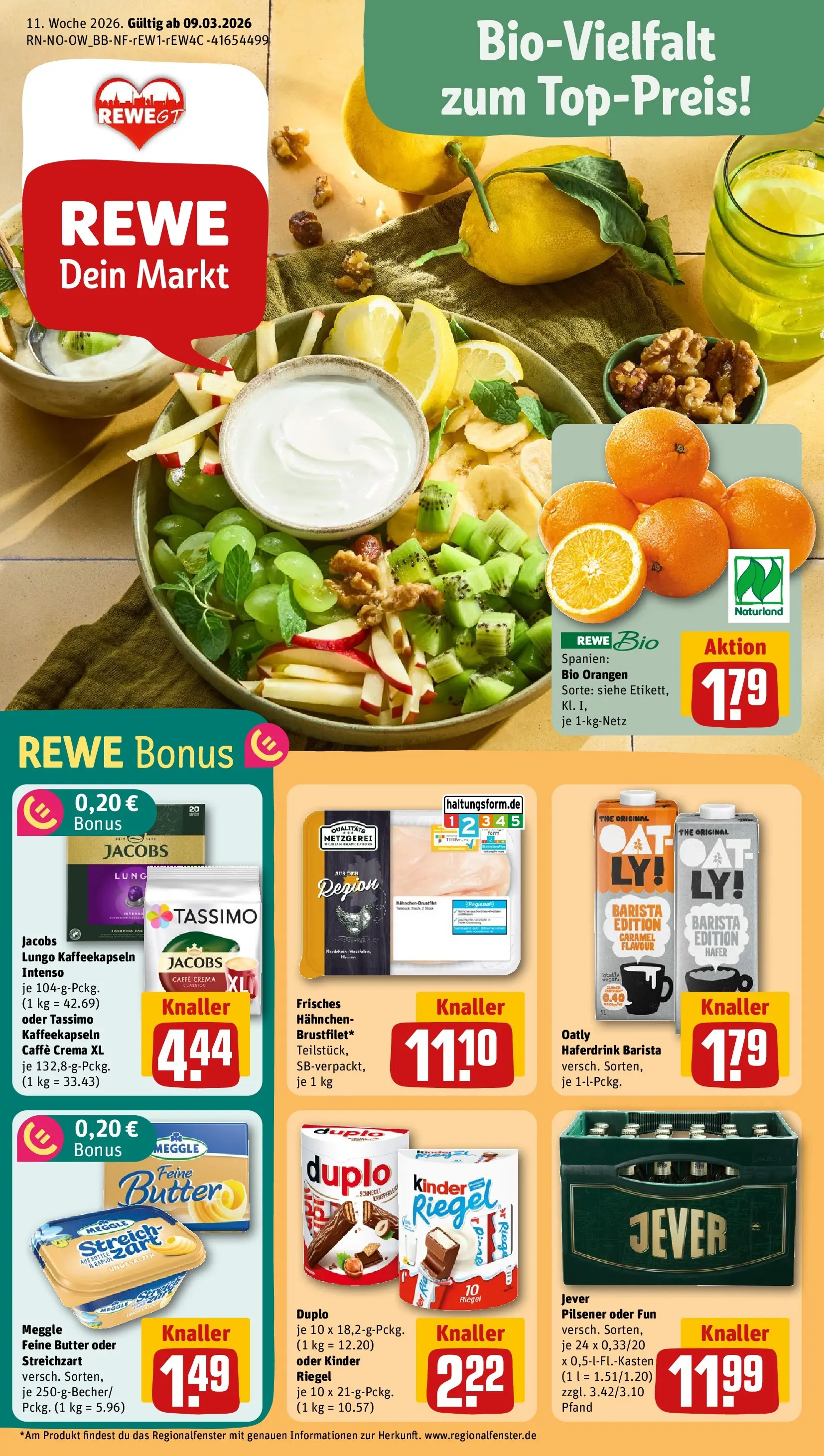 REWE Prospekt ab 09.03.2026 zum Blättern » Angebote | Seite: 1 | Produkte: Butter, Kinder riegel, Haferdrink, Jever