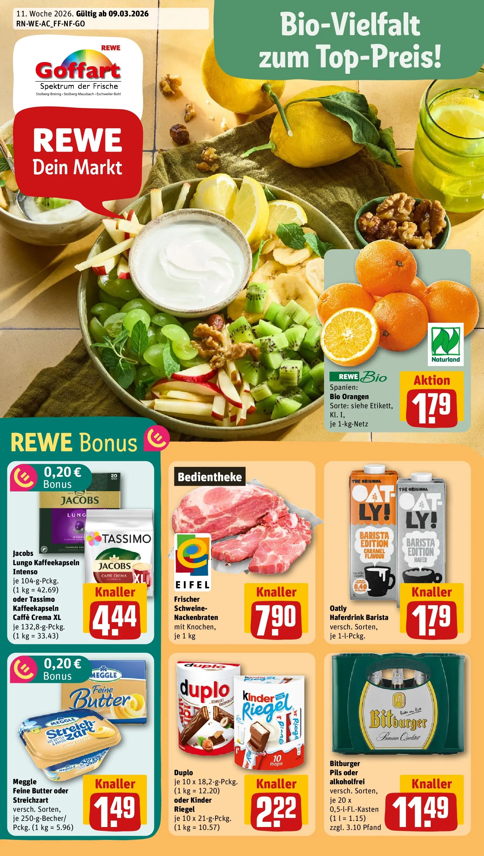 REWE Prospekt ab 09.03.2026 zum Blättern » Angebote | Seite: 1 | Produkte: Butter, Orangen, Kinder riegel, Haferdrink