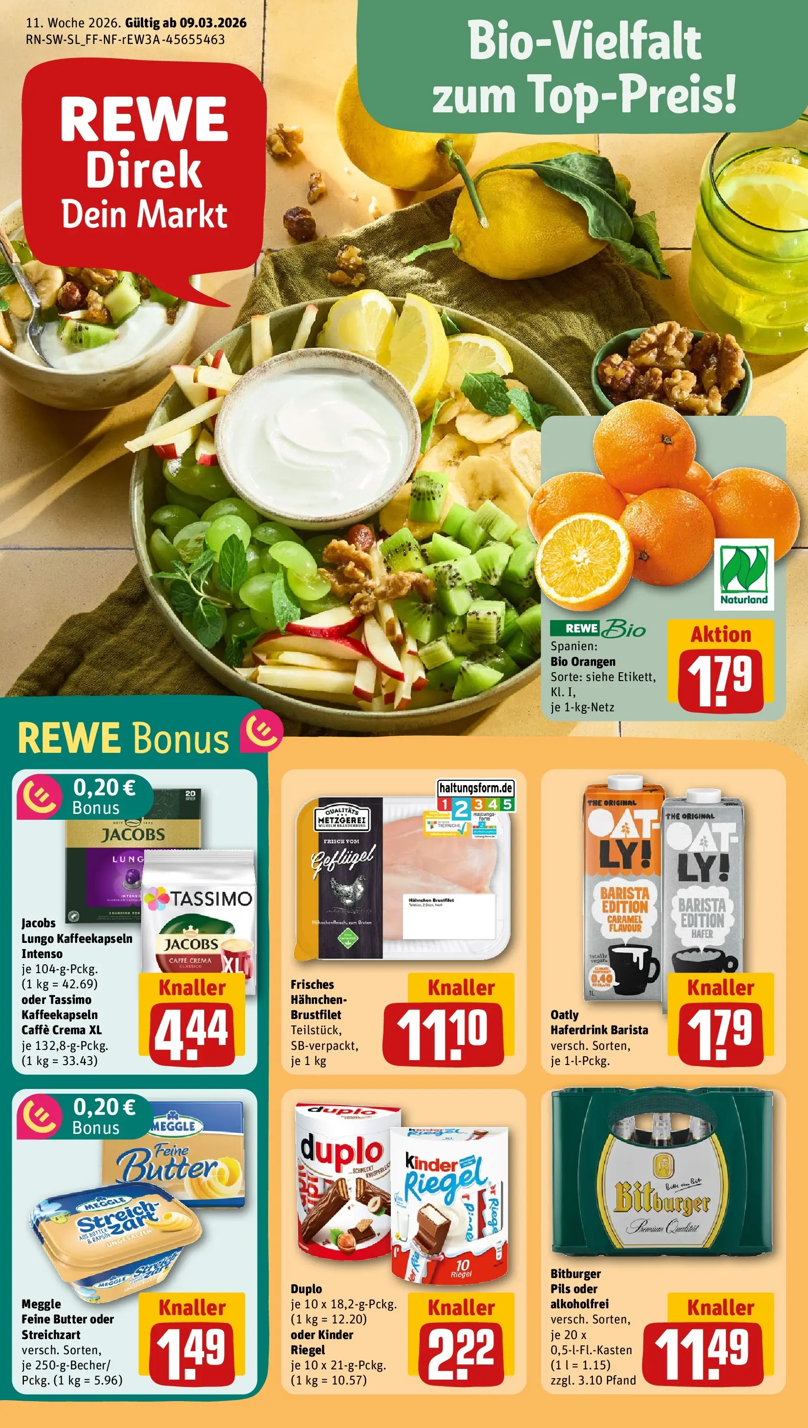 REWE Prospekt ab 09.03.2026 zum Blättern » Angebote | Seite: 1 | Produkte: Bitburger, Haferdrink, Duplo riegel, Tassimo