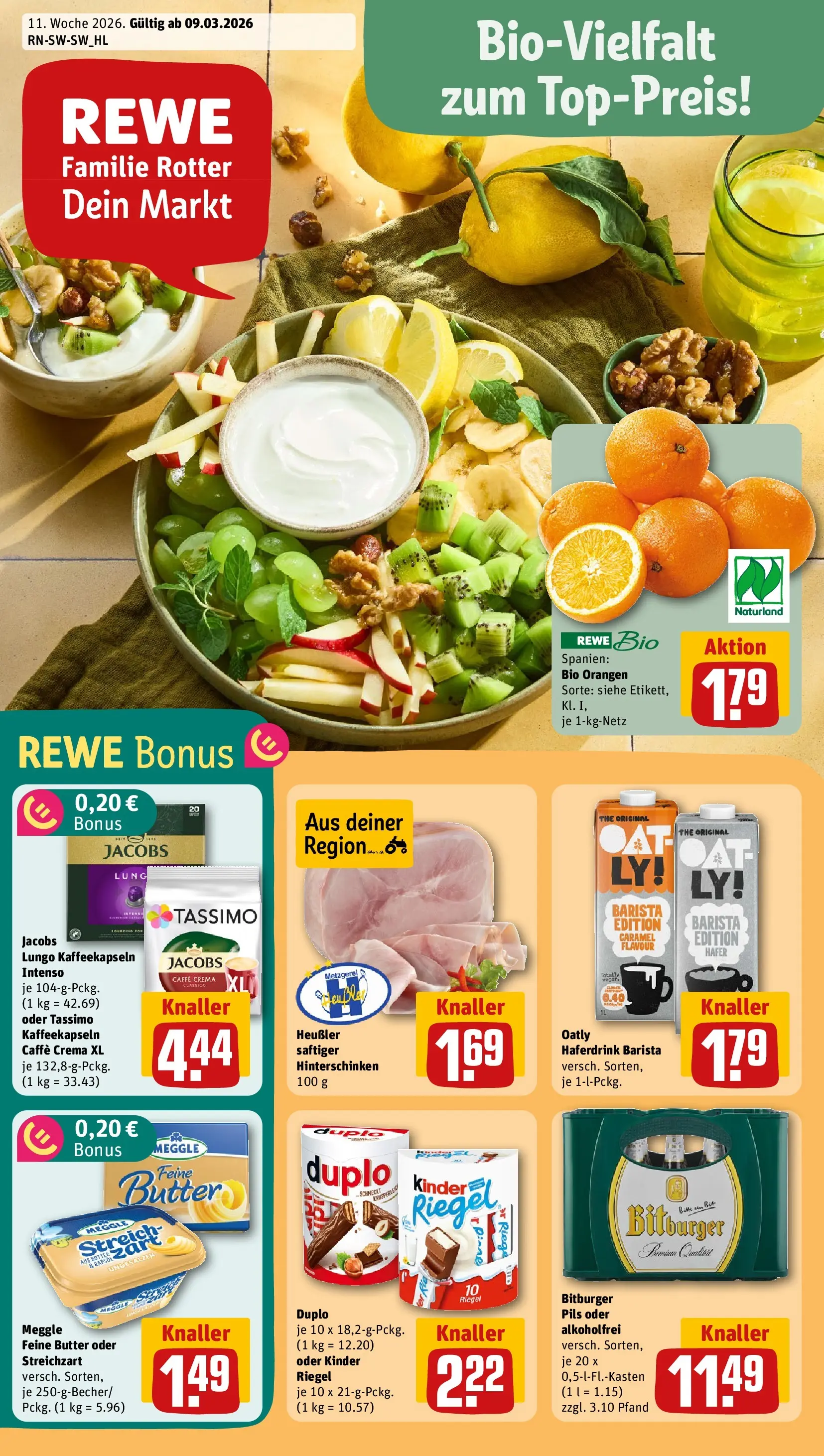 REWE Prospekt ab 09.03.2026 zum Blättern » Angebote | Seite: 1 | Produkte: Butter, Orangen, Oatly, Tassimo