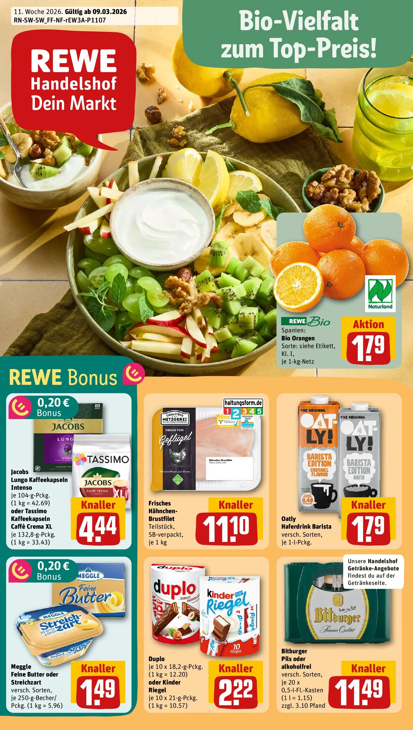 REWE Prospekt ab 09.03.2026 zum Blättern » Angebote | Seite: 1 | Produkte: Bitburger, Rapsöl, Haferdrink, Oatly