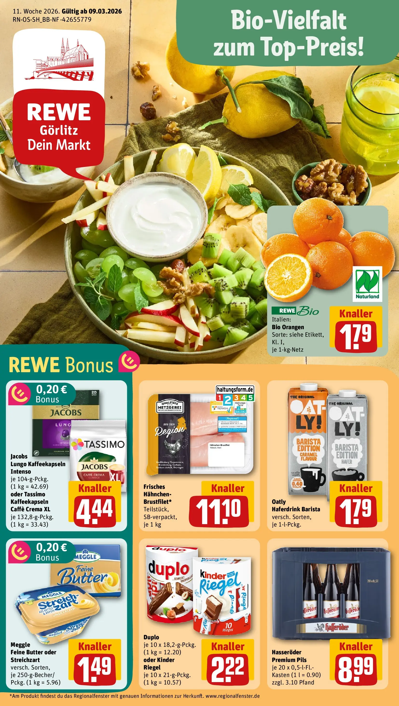 REWE Prospekt ab 09.03.2026 zum Blättern » Angebote | Seite: 1 | Produkte: Rapsöl, Haferdrink, Oatly, Hasseröder