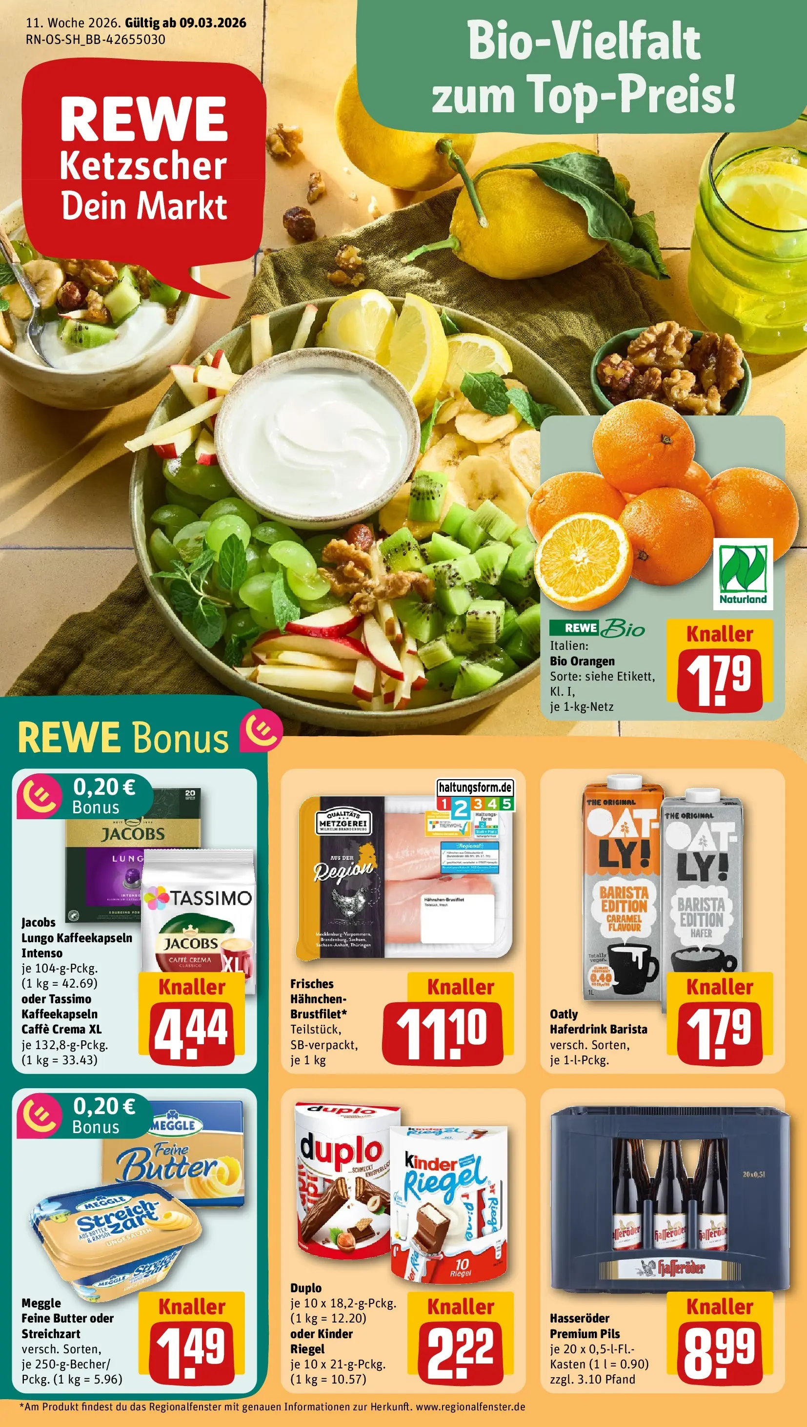 REWE Prospekt ab 09.03.2026 zum Blättern » Angebote | Seite: 1 | Produkte: Butter, Rapsöl, Orangen, Tassimo