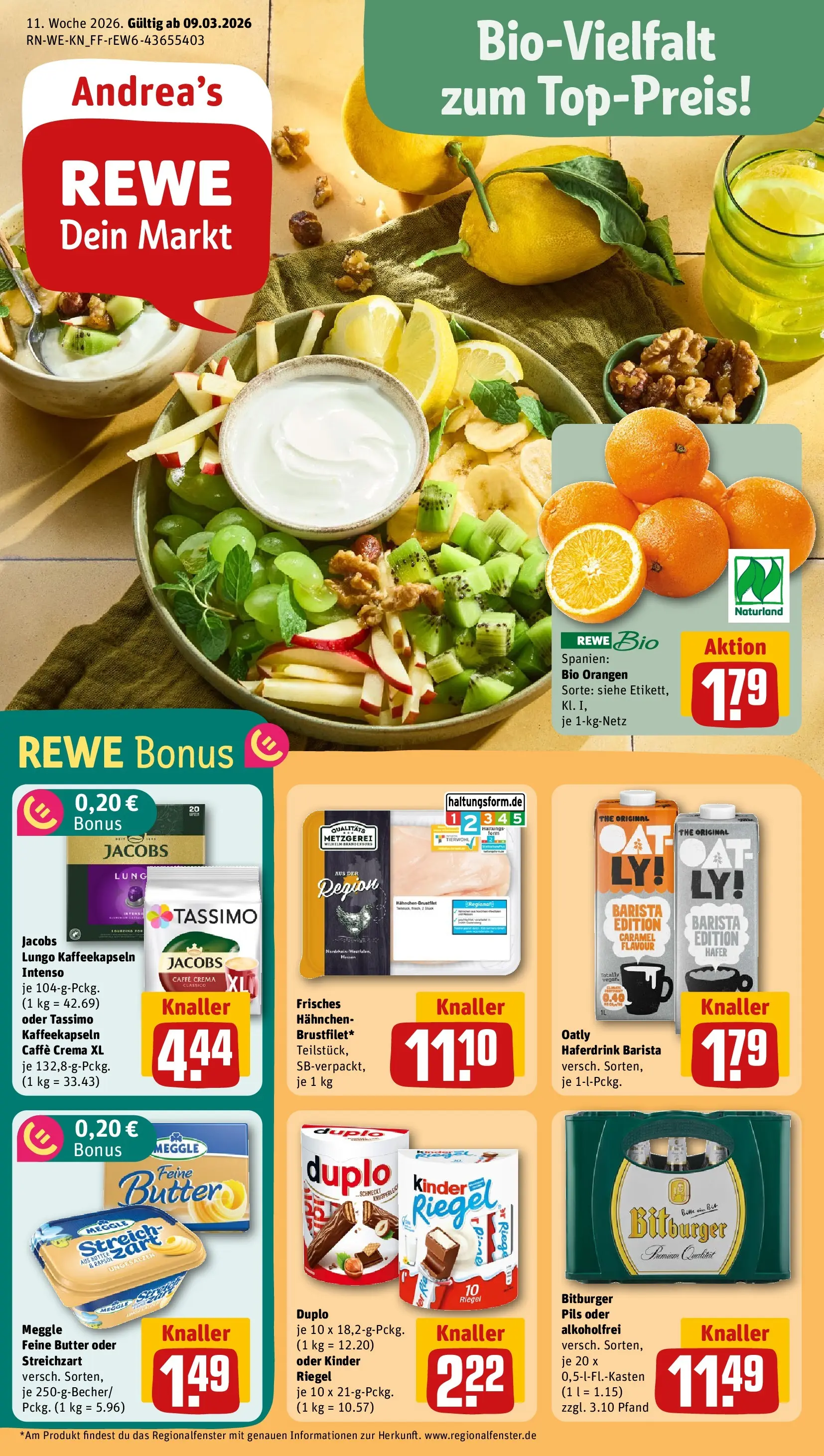 REWE Prospekt ab 09.03.2026 zum Blättern » Angebote | Seite: 1 | Produkte: Bitburger, Orangen, Haferdrink, Oatly