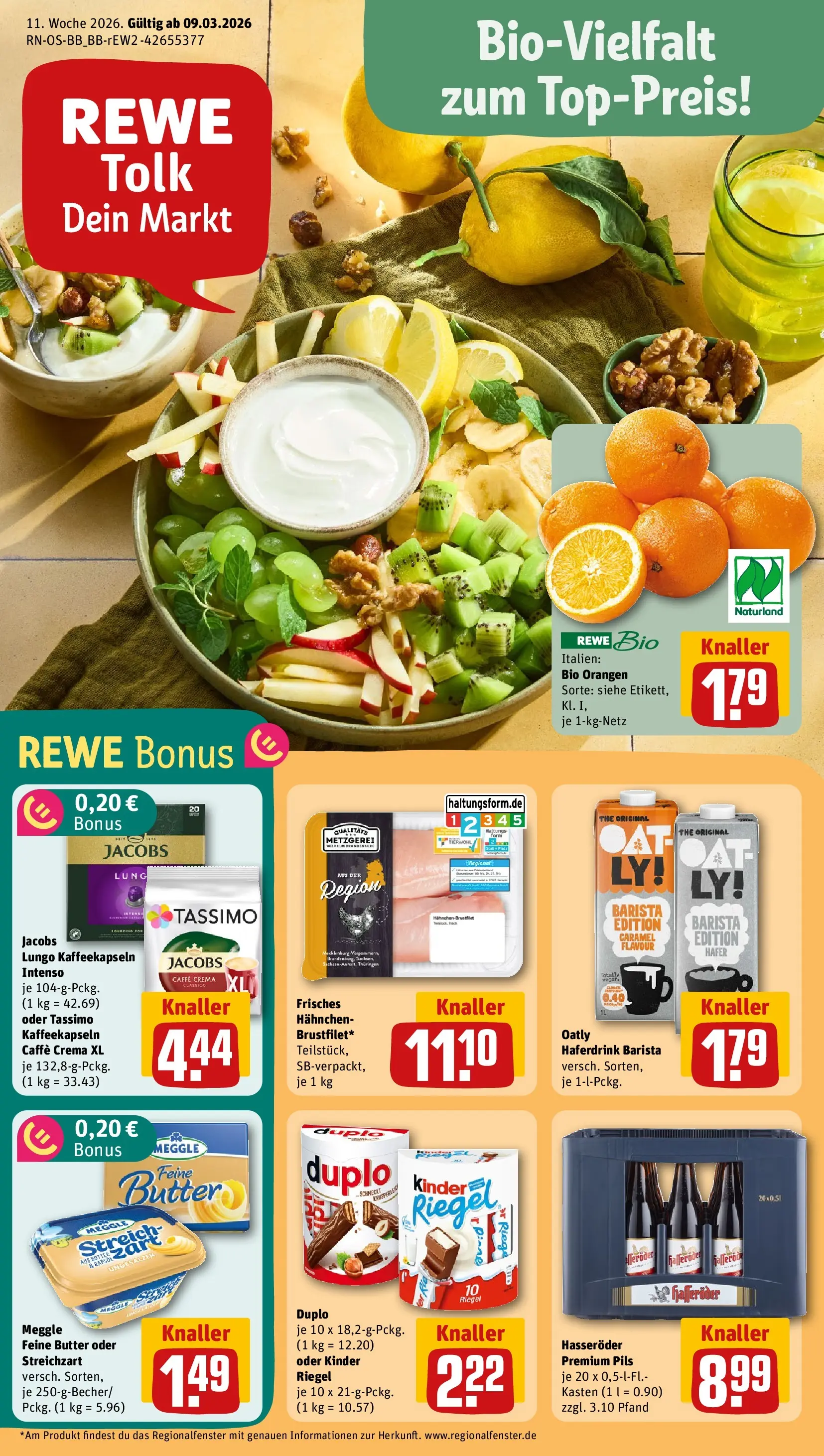 REWE Prospekt ab 09.03.2026 zum Blättern » Angebote | Seite: 1 | Produkte: Hahnchen, Butter, Hasseröder, Tassimo