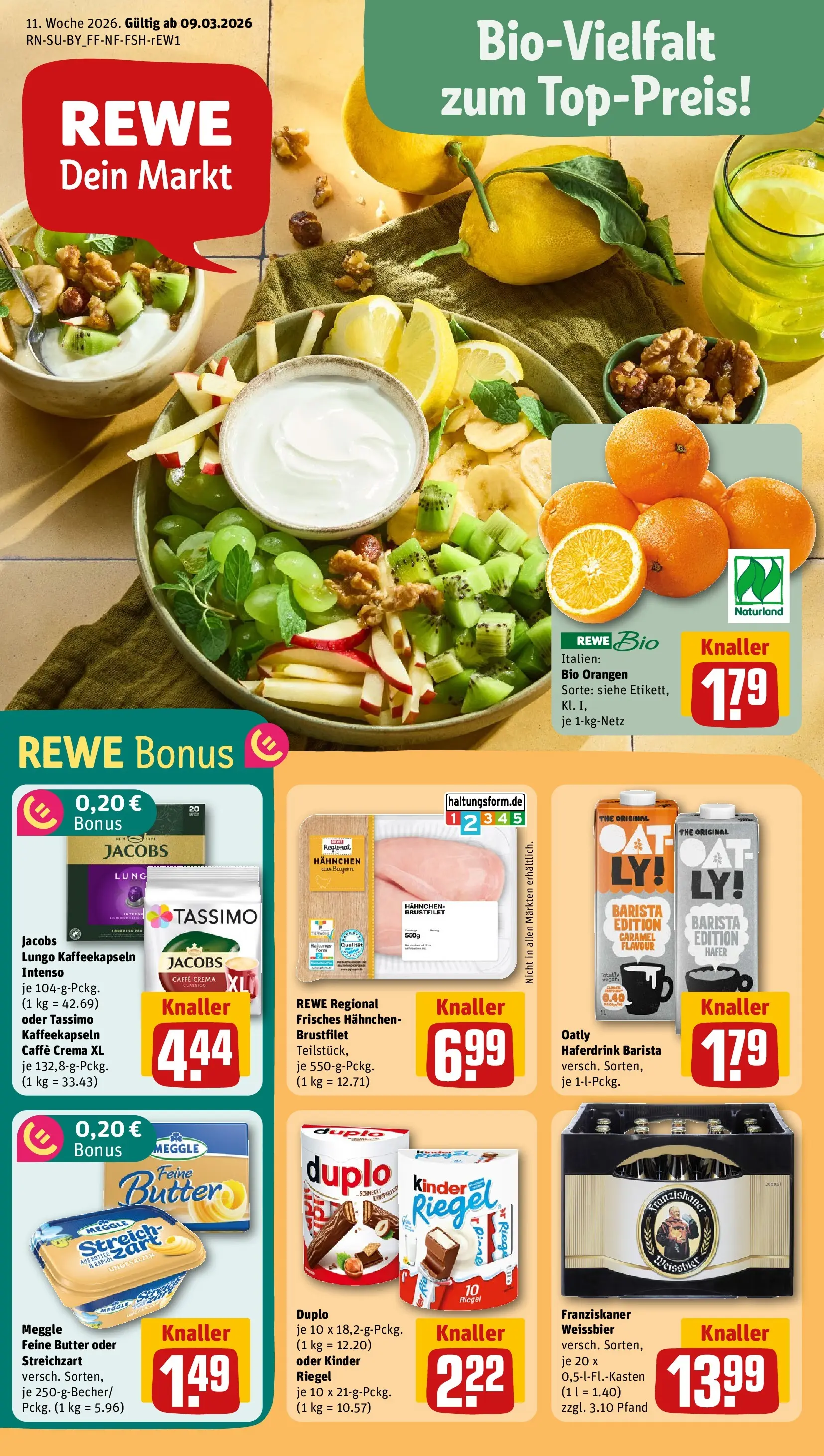 REWE Prospekt ab 09.03.2026 zum Blättern » Angebote | Seite: 1 | Produkte: Hahnchen, Butter, Weißbier, Tassimo
