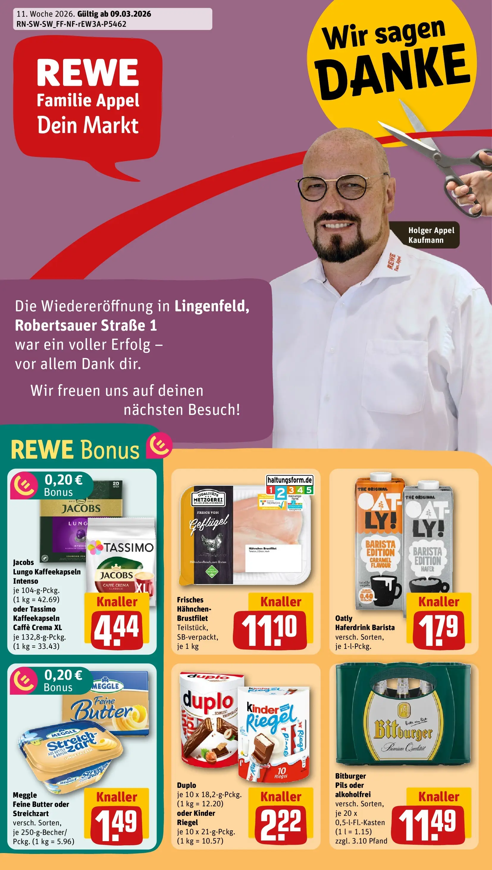 REWE Prospekt ab 09.03.2026 zum Blättern » Angebote | Seite: 1 | Produkte: Bitburger, Kinder riegel, Oatly, Tassimo