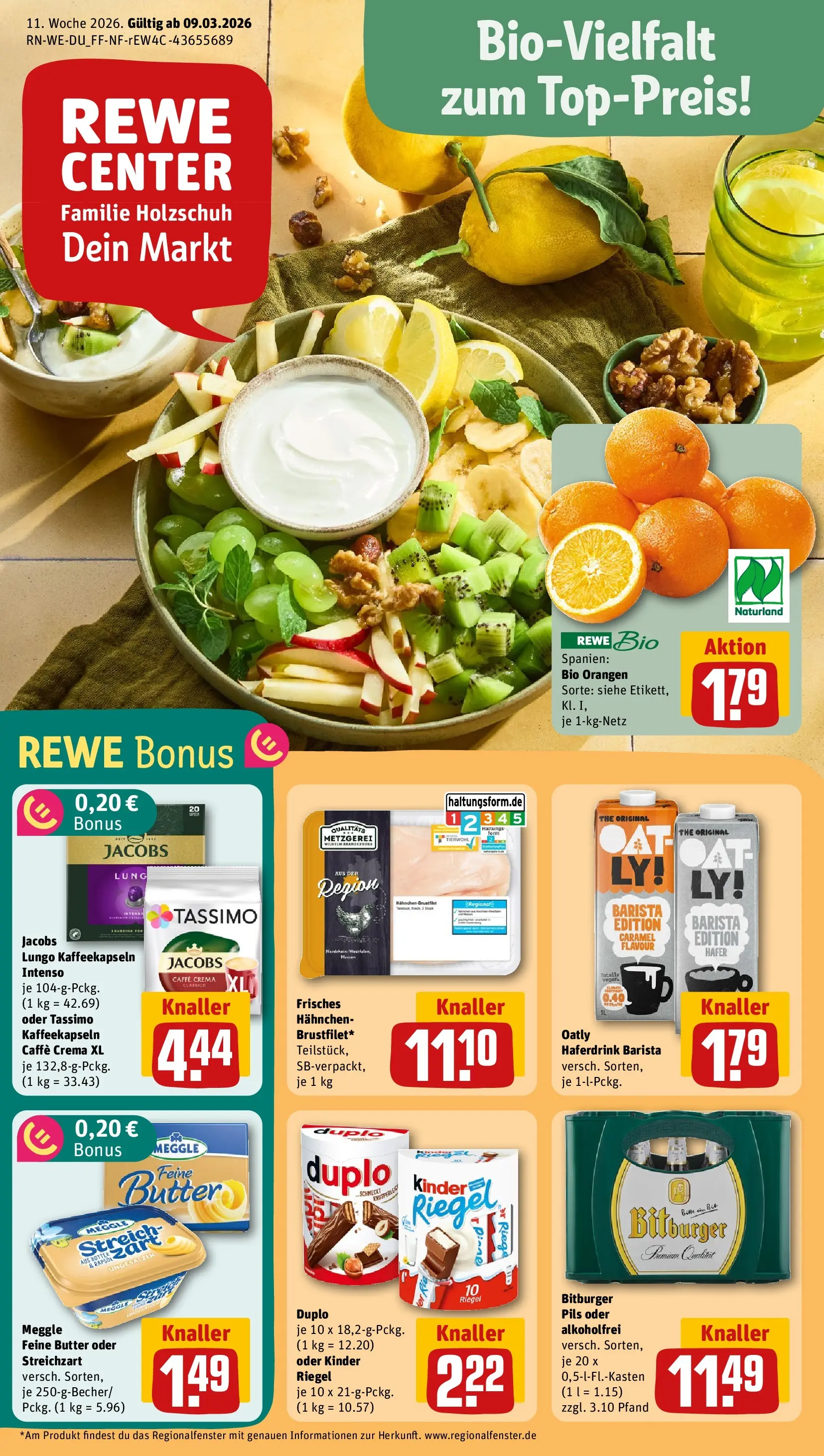 REWE Prospekt ab 09.03.2026 zum Blättern » Angebote | Seite: 1 | Produkte: Bitburger, Pils, Orangen, Kinder riegel