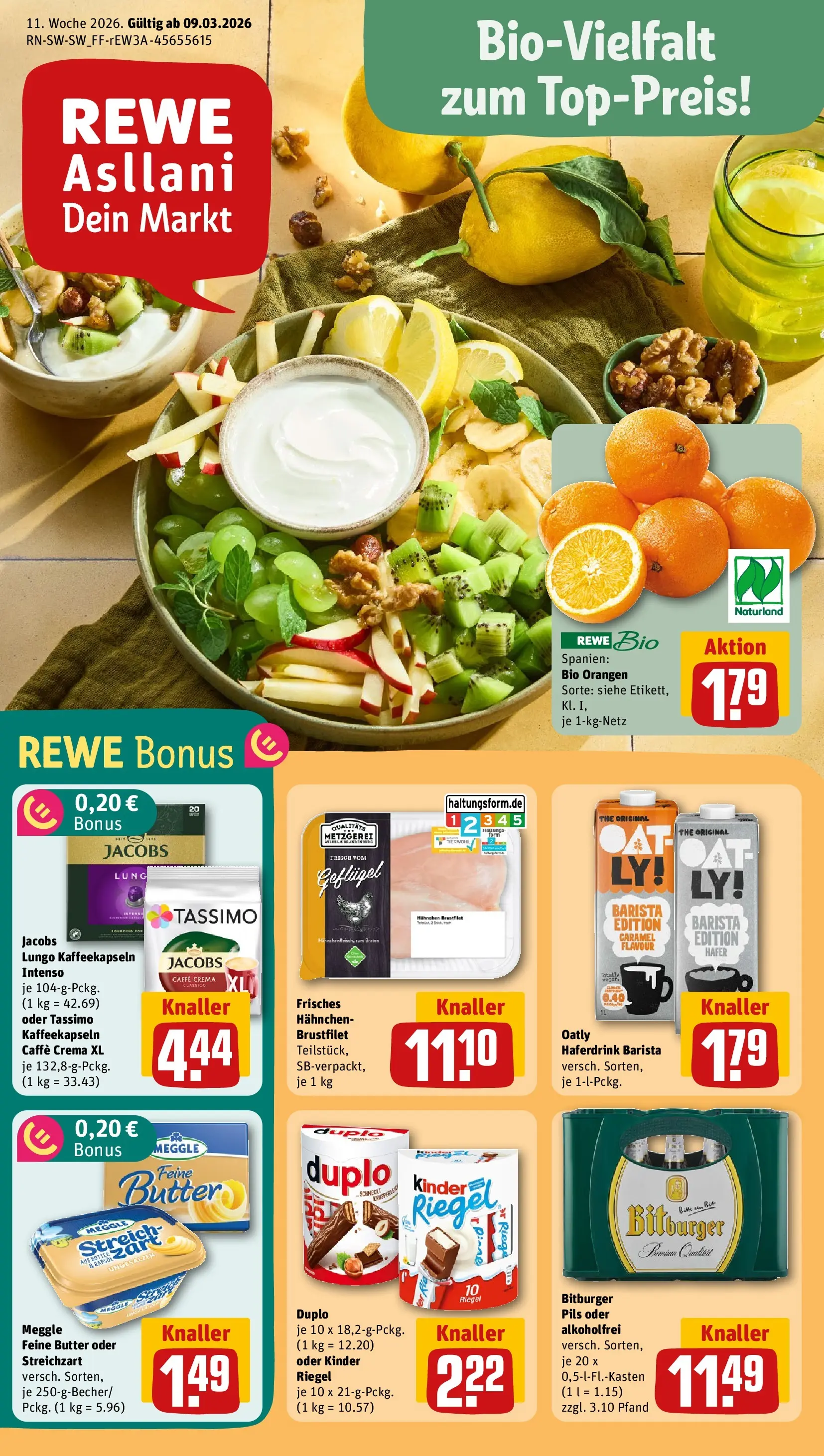 REWE Prospekt ab 09.03.2026 zum Blättern » Angebote | Seite: 1 | Produkte: Hahnchen, Pils, Haferdrink, Tassimo