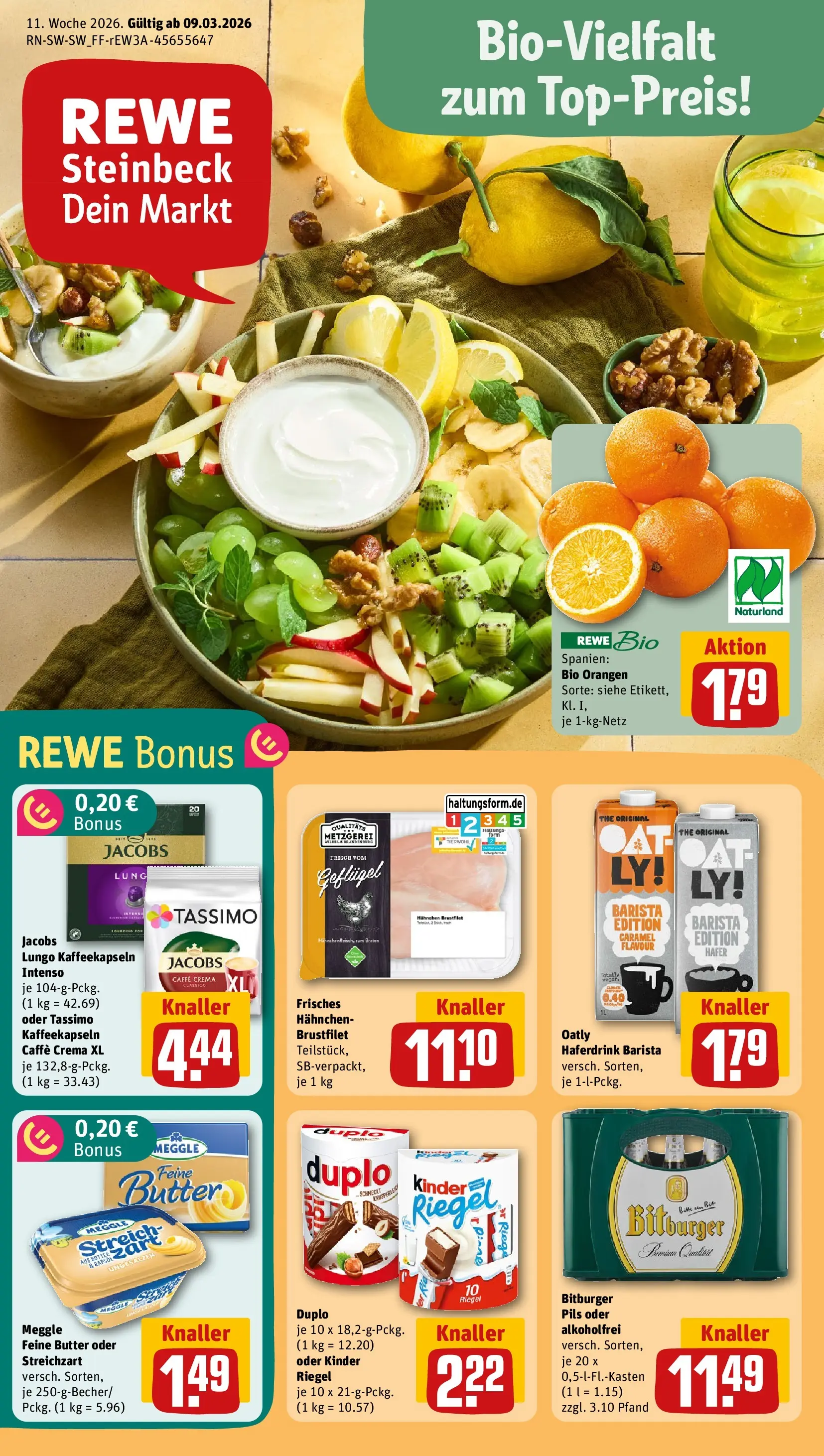 REWE Prospekt ab 09.03.2026 zum Blättern » Angebote | Seite: 1 | Produkte: Hahnchen, Butter, Pils, Tassimo