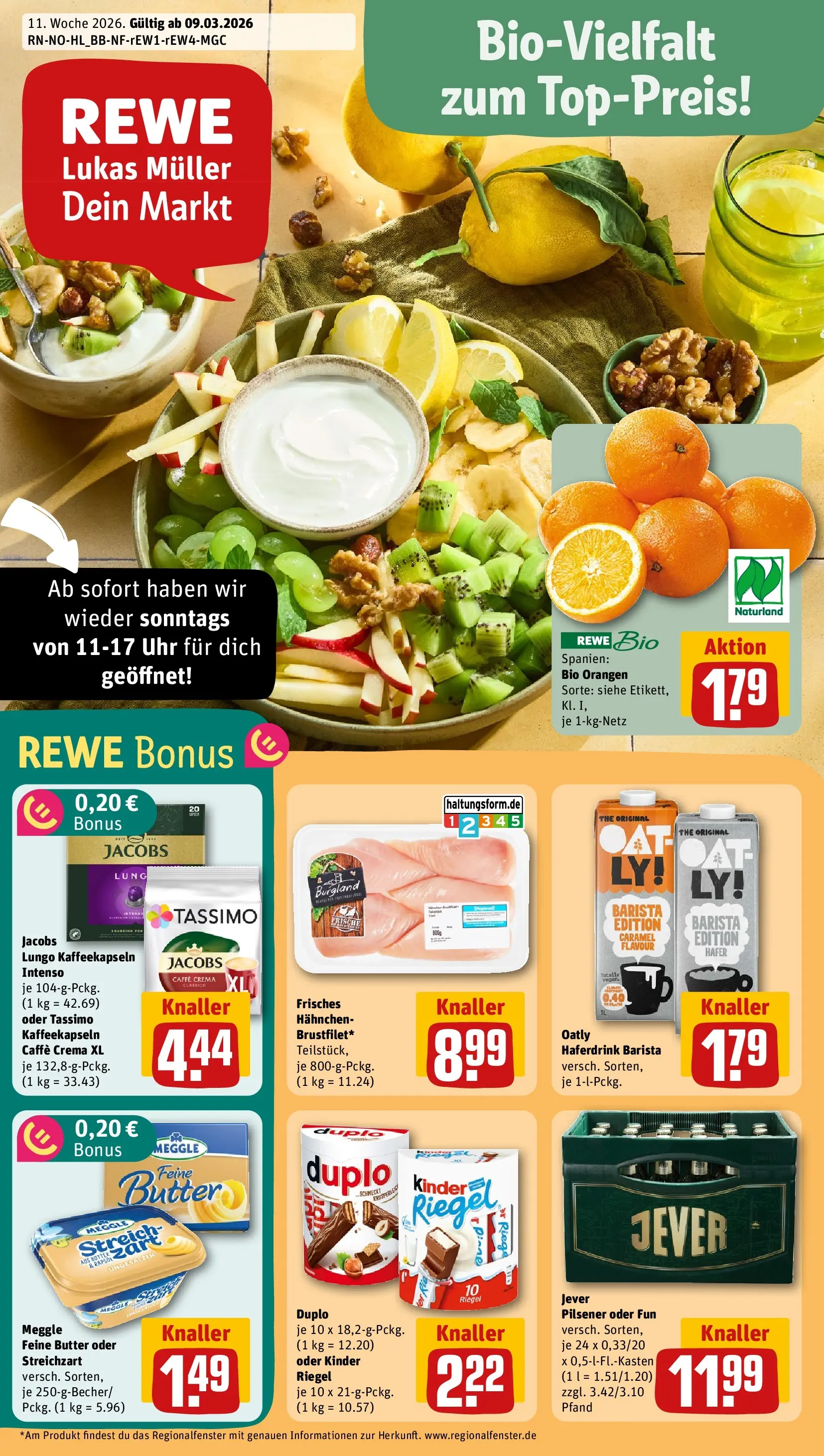 REWE Prospekt ab 09.03.2026 zum Blättern » Angebote | Seite: 1 | Produkte: Rapsöl, Orangen, Kinder riegel, Jever