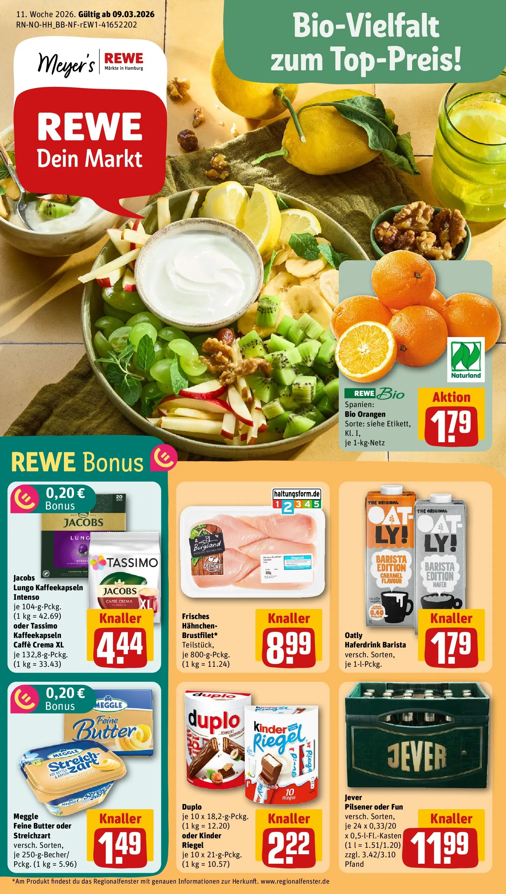 REWE Prospekt ab 09.03.2026 zum Blättern » Angebote | Seite: 1 | Produkte: Butter, Kinder riegel, Haferdrink, Jever