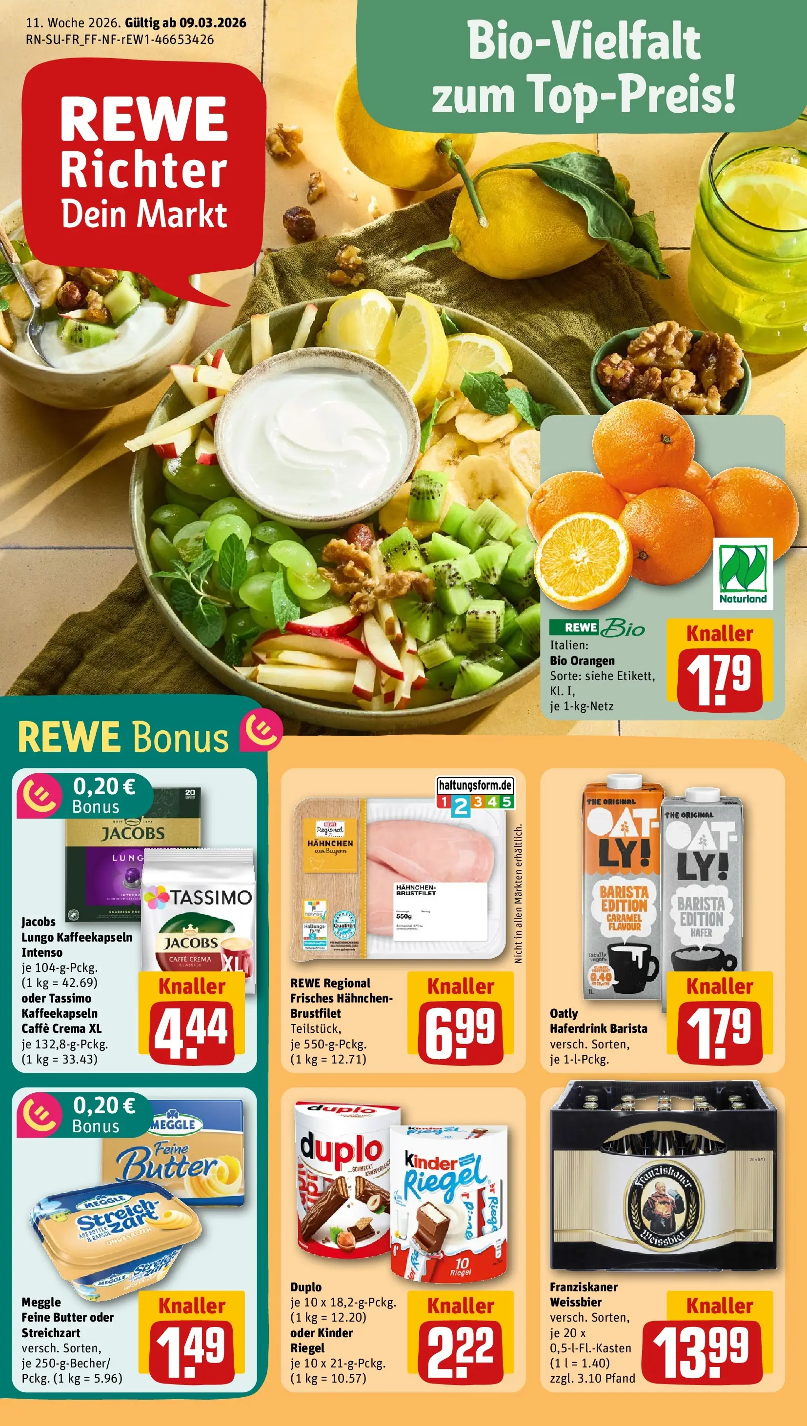 REWE Prospekt ab 09.03.2026 zum Blättern » Angebote | Seite: 1 | Produkte: Franziskaner, Weißbier, Orangen, Oatly