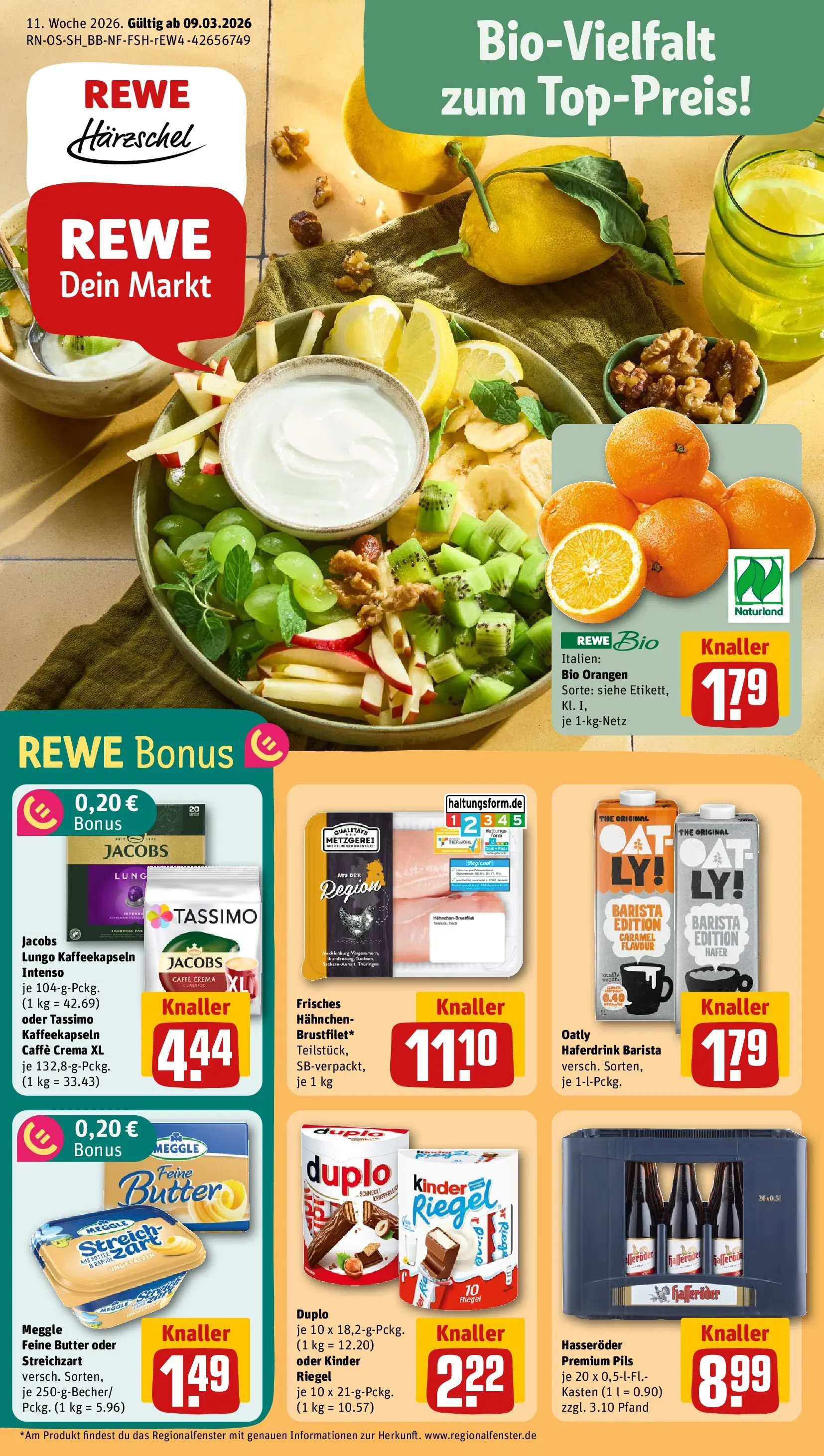 REWE Prospekt ab 09.03.2026 zum Blättern » Angebote | Seite: 1 | Produkte: Butter, Rapsöl, Pils, Kinder riegel