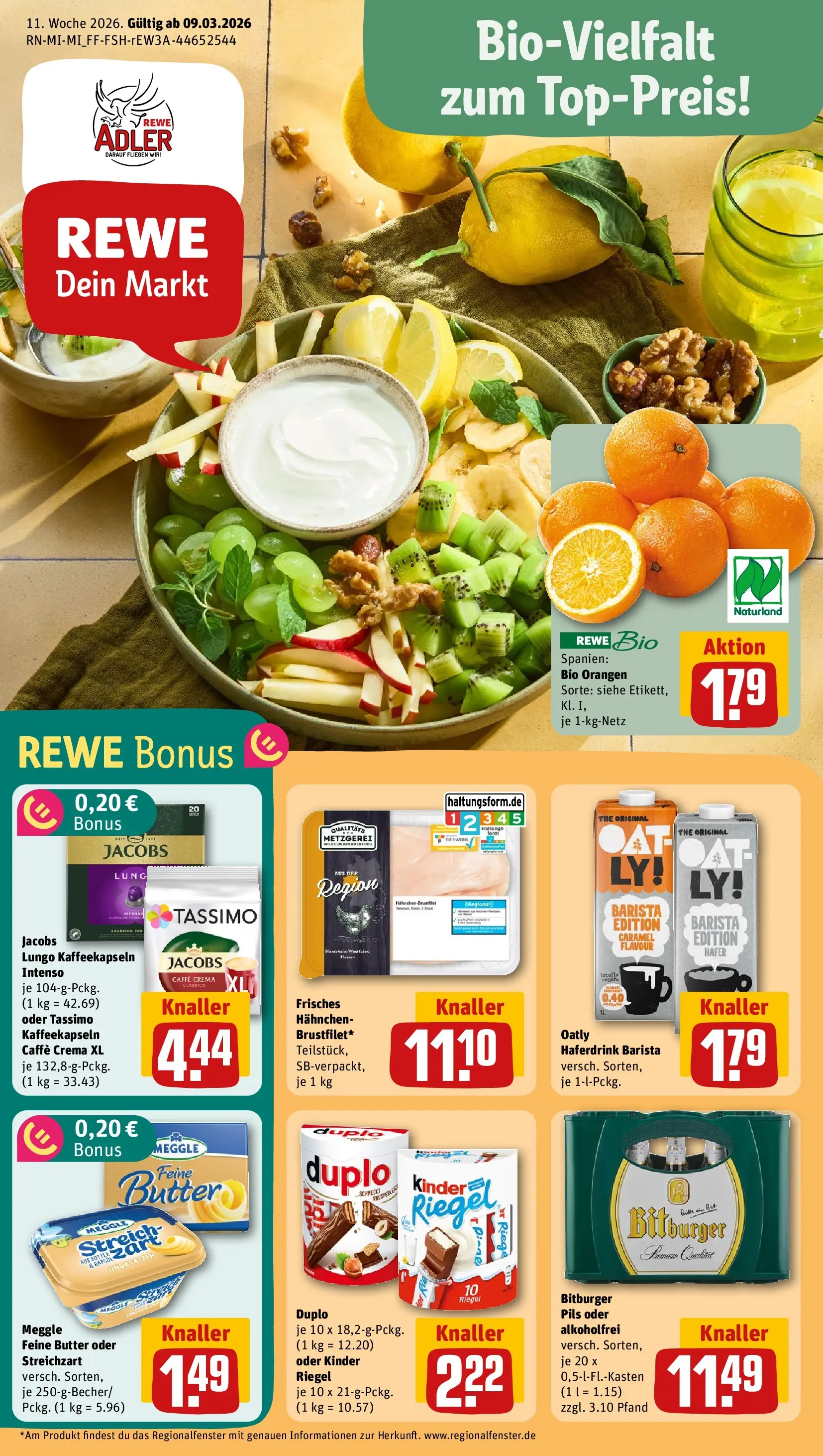 REWE Prospekt ab 09.03.2026 zum Blättern » Angebote | Seite: 1 | Produkte: Hahnchen, Butter, Pils, Kinder riegel