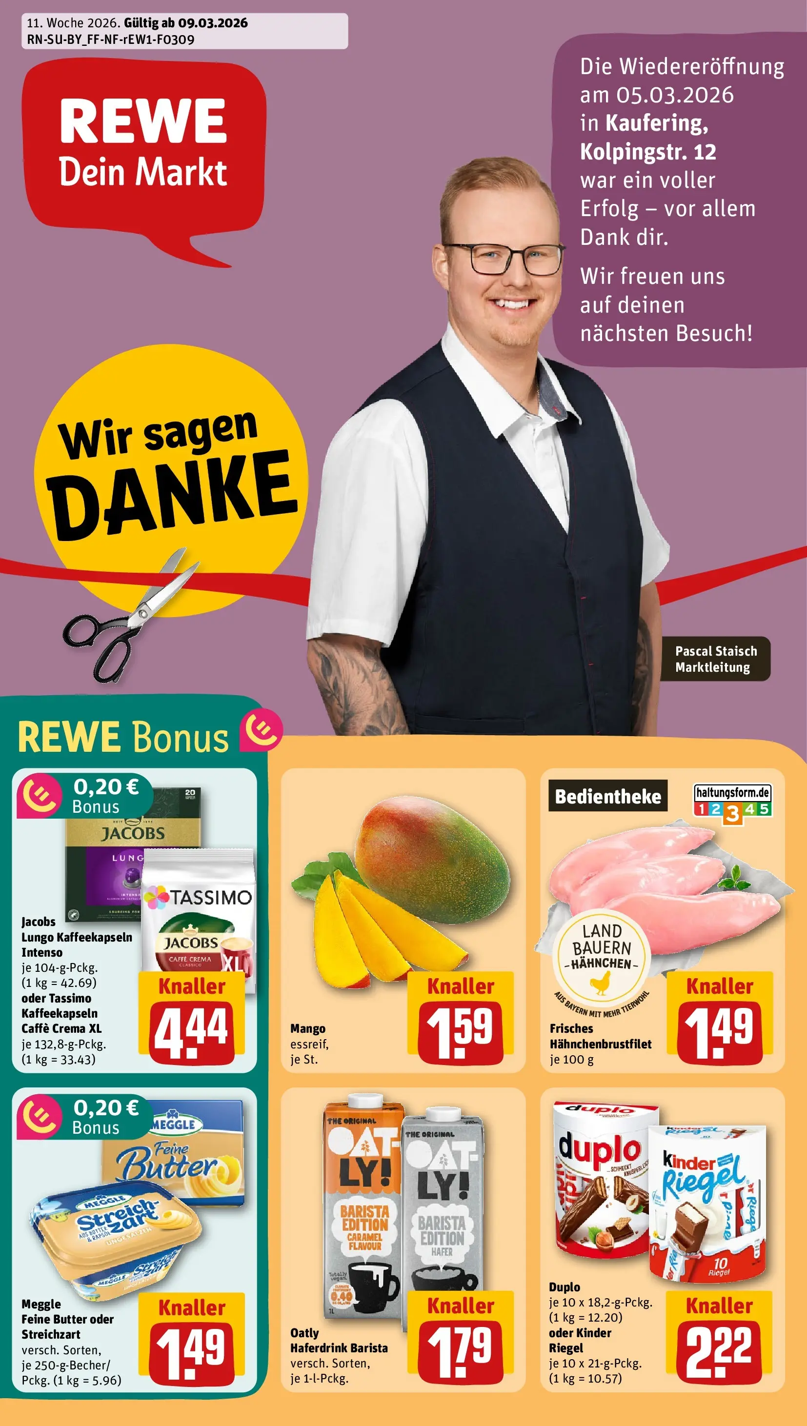 REWE Prospekt ab 09.03.2026 zum Blättern » Angebote | Seite: 1 | Produkte: Butter, Kinder riegel, Oatly, Tassimo