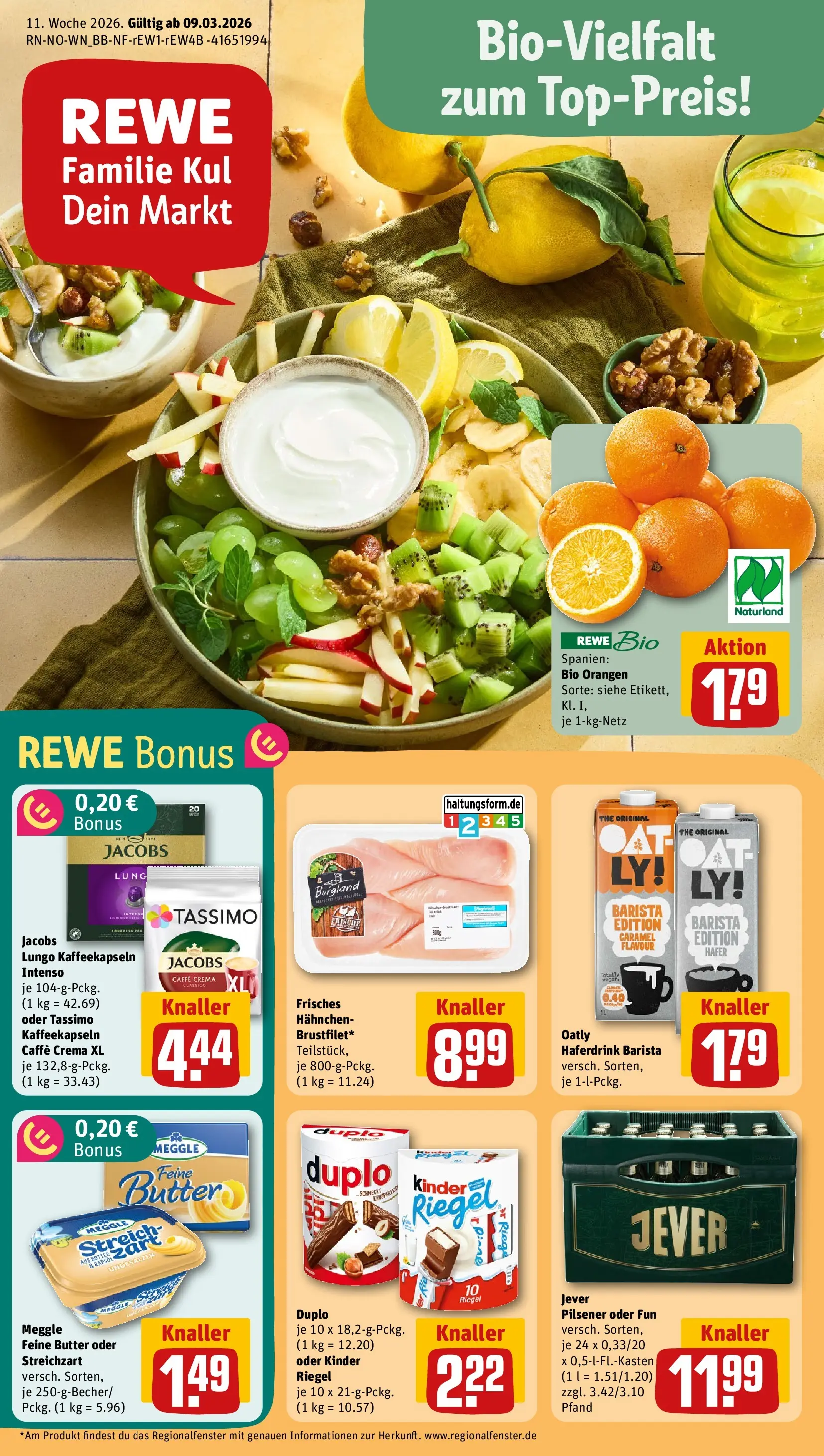 REWE Prospekt ab 09.03.2026 zum Blättern » Angebote | Seite: 1 | Produkte: Hahnchen, Butter, Haferdrink, Oatly