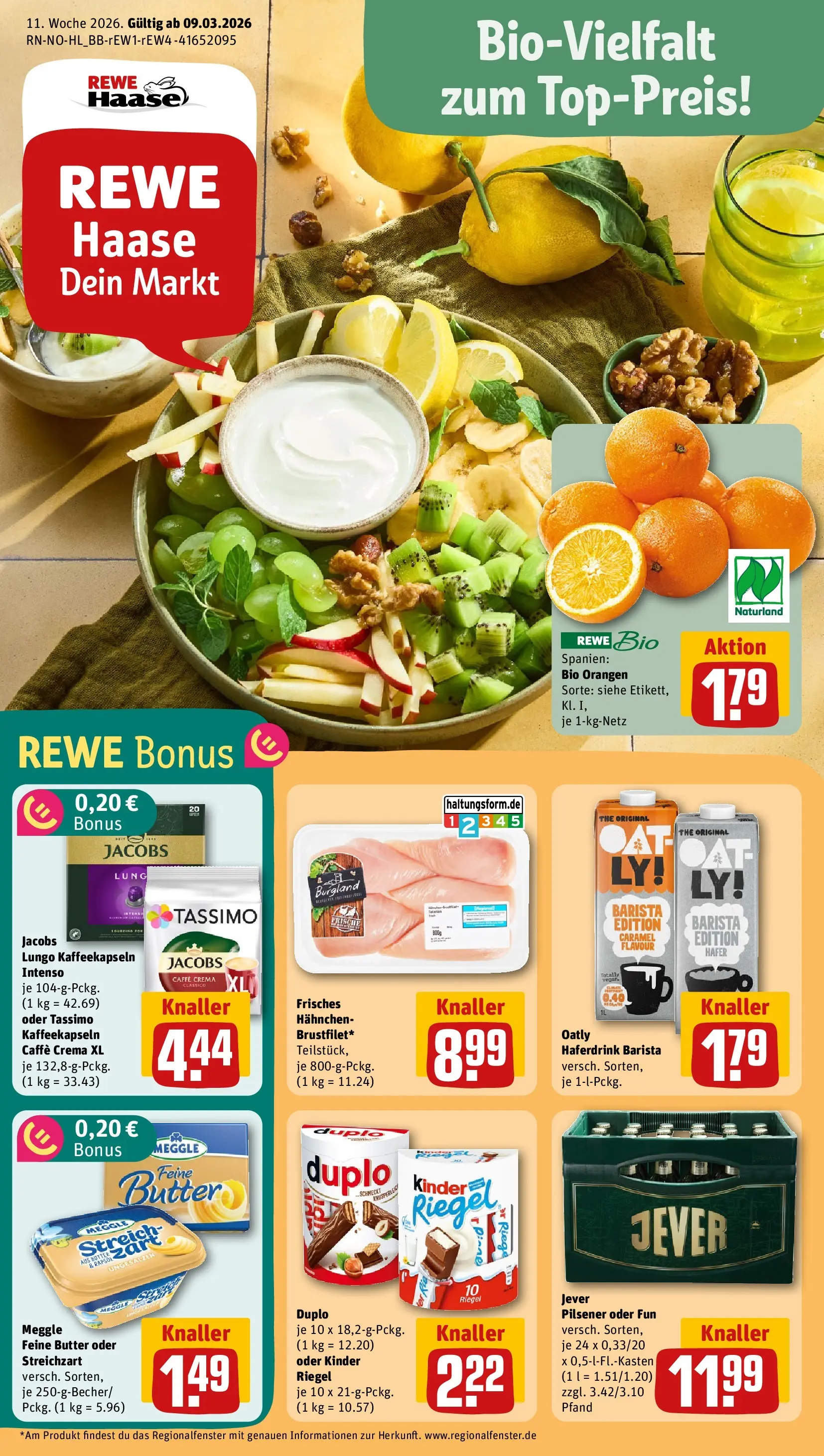 REWE Prospekt ab 09.03.2026 zum Blättern » Angebote | Seite: 1 | Produkte: Butter, Orangen, Kinder riegel, Jever