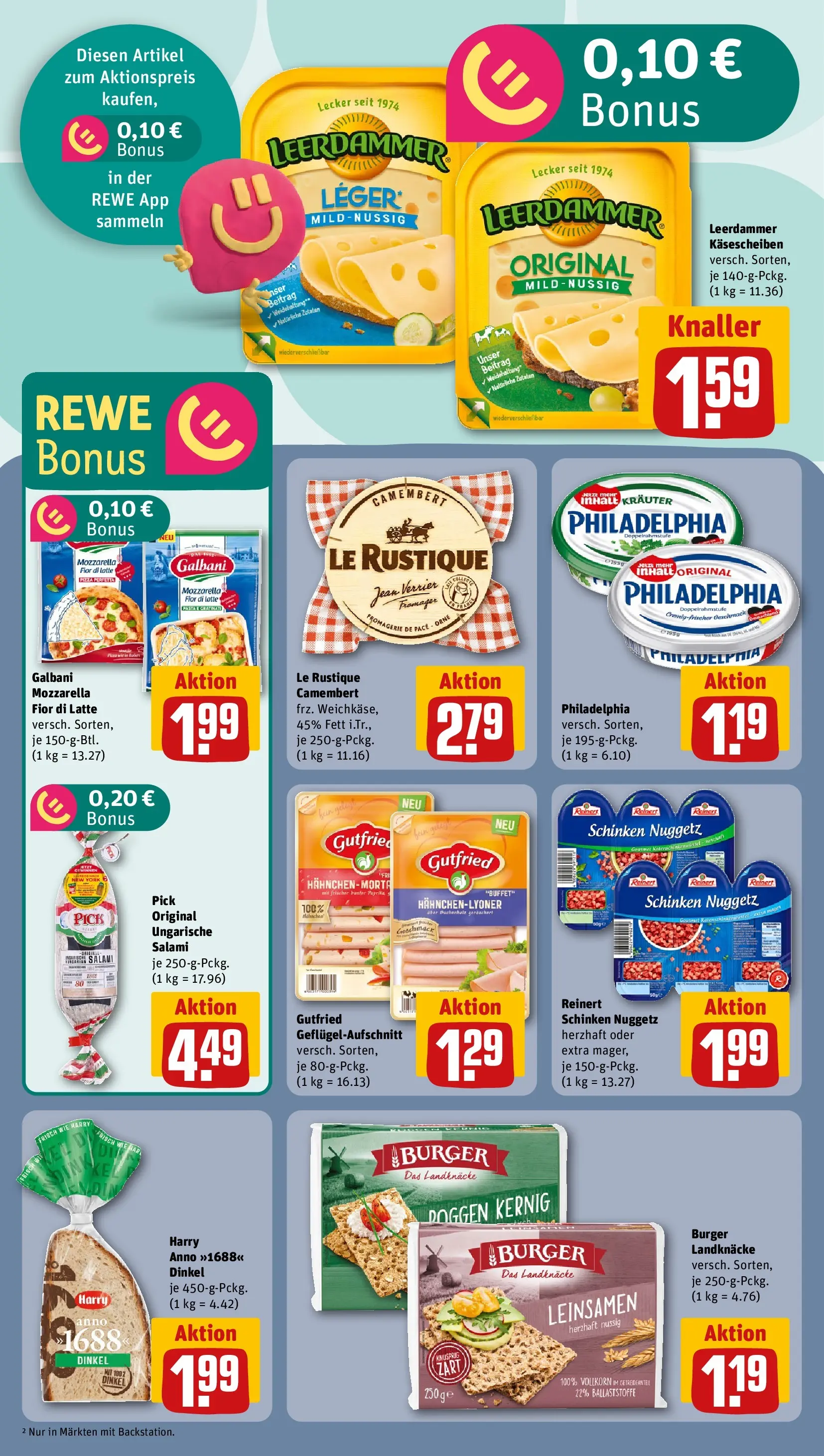 REWE Prospekt ab 09.03.2026 zum Blättern » Angebote | Seite: 10 | Produkte: Philadelphia, Burger, Leerdammer, Schinken