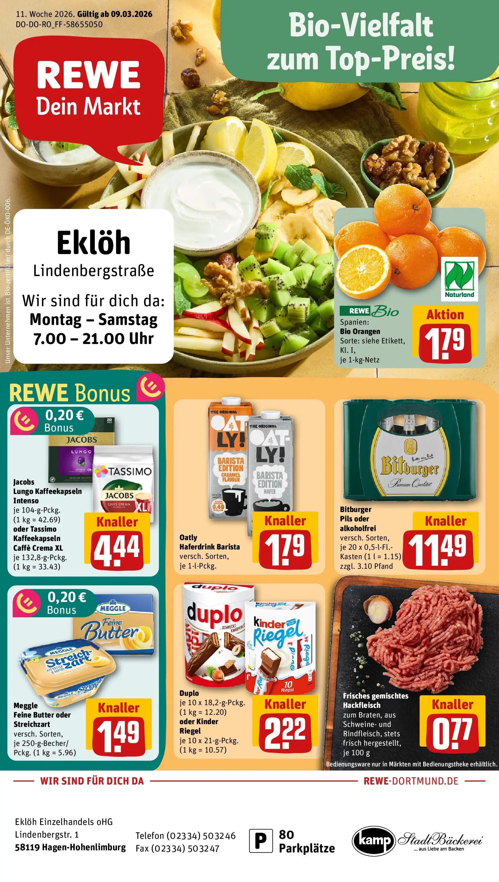 REWE Prospekt ab 09.03.2026 zum Blättern » Angebote | Seite: 1 | Produkte: Butter, Kinder riegel, Haferdrink, Telefon