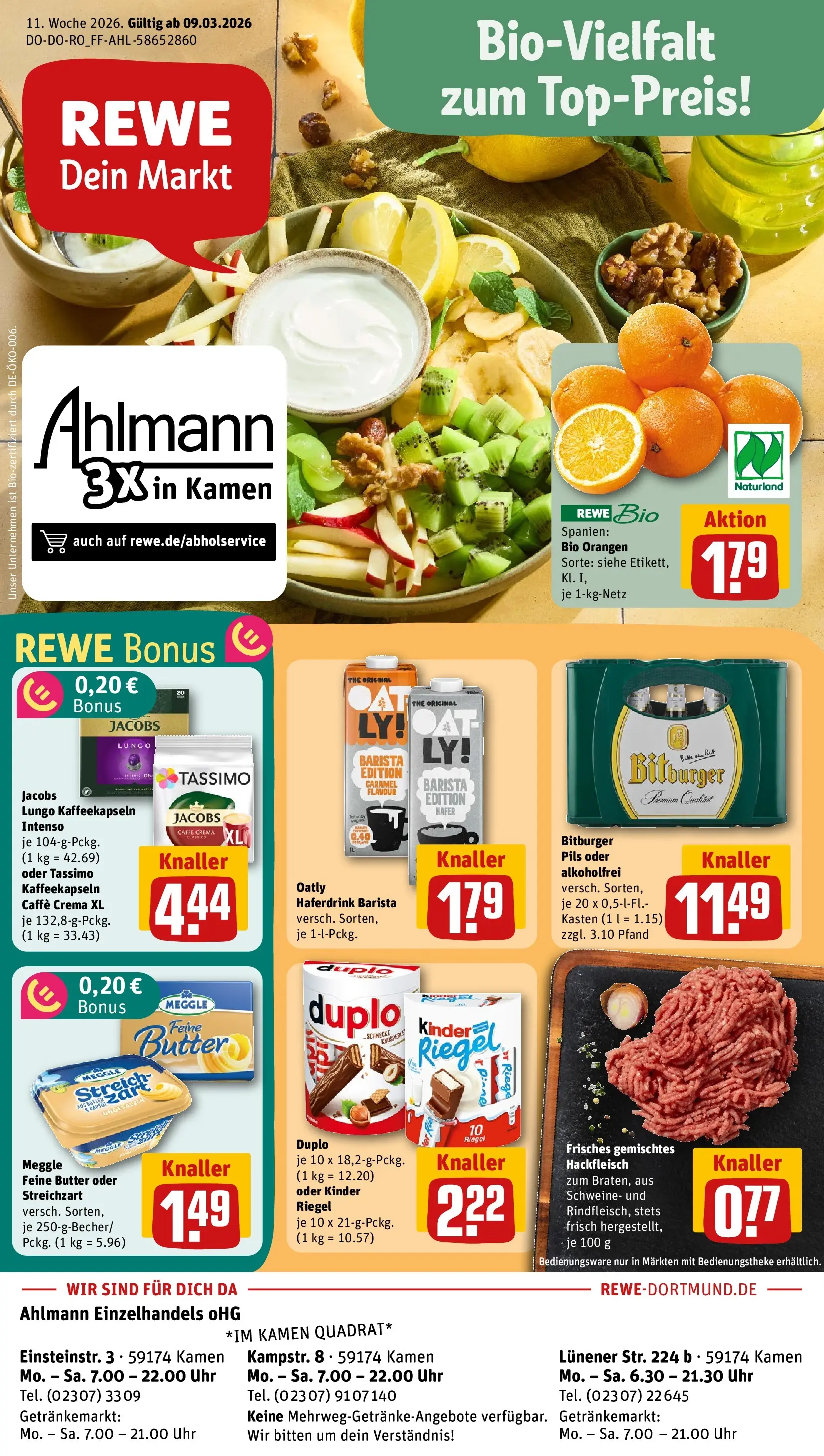 REWE Prospekt ab 09.03.2026 zum Blättern » Angebote | Seite: 1 | Produkte: Orangen, Oatly, Tassimo, Hackfleisch